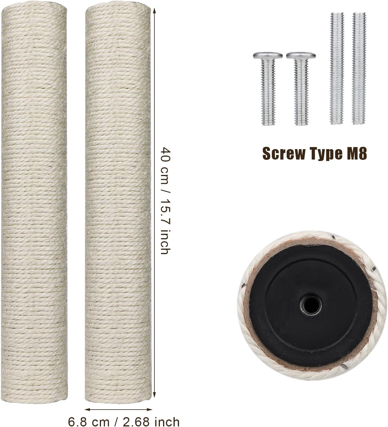 2Pcs Cat Scratching Post Replacement, 15.7 Inch Cat Tree Scratch Post with 4 M8 Screws Natural Sisal Replacement Poles for Kittens Cat Tree Tower image number 1