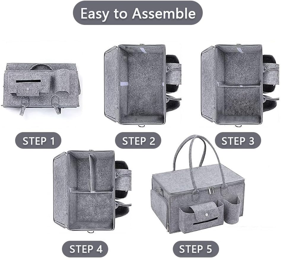 Baby Diaper Caddy Organizer with Lid, Large Portable Nursery Storage Basket for Changing Table, Car & Travel, Collapsible Diaper Organizer with Handles & Dividers &ndash; Light Gray image number 2