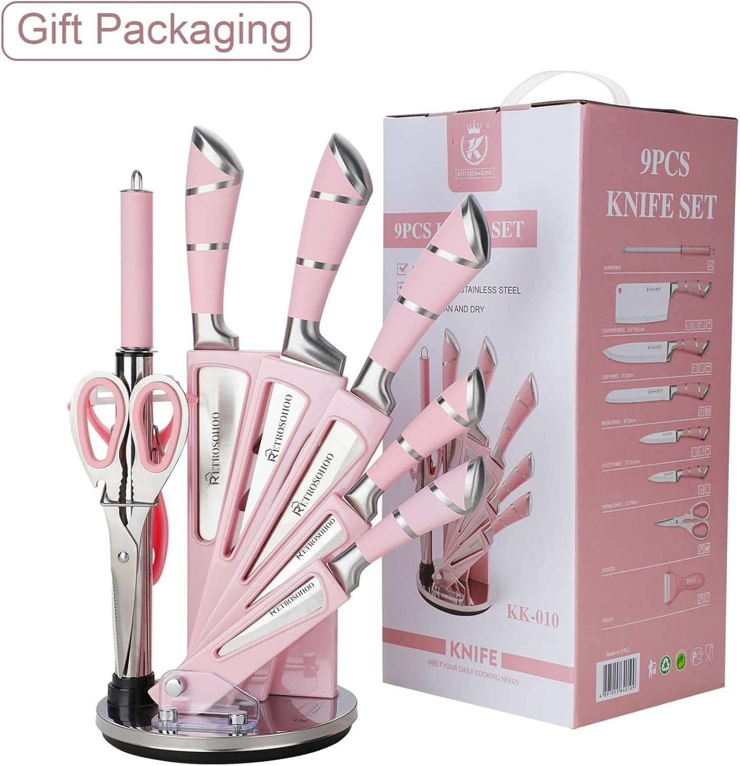 Kitchen Knife Set, 9-Pieces Pink Sharp Non-Stick Coated Chef Knives Block Set,Stainless Steel Knife Set for Kitchen with Sharpener for Cutting Slicing Dicing Chopping (Pink) - Black image number 6