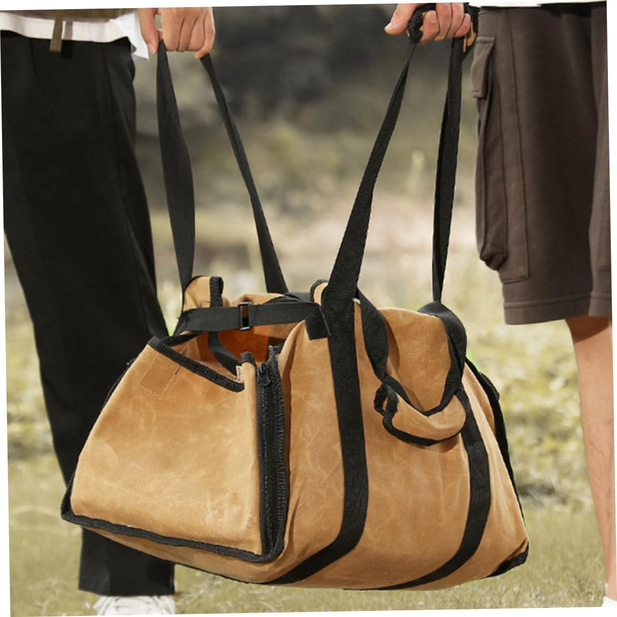 Firewood Holder Wood Carrier Tote Bag with Double Handles Large Capacity Canvas Log Holder for Camping Fire Pit Outdoor Use Khaki image number 1