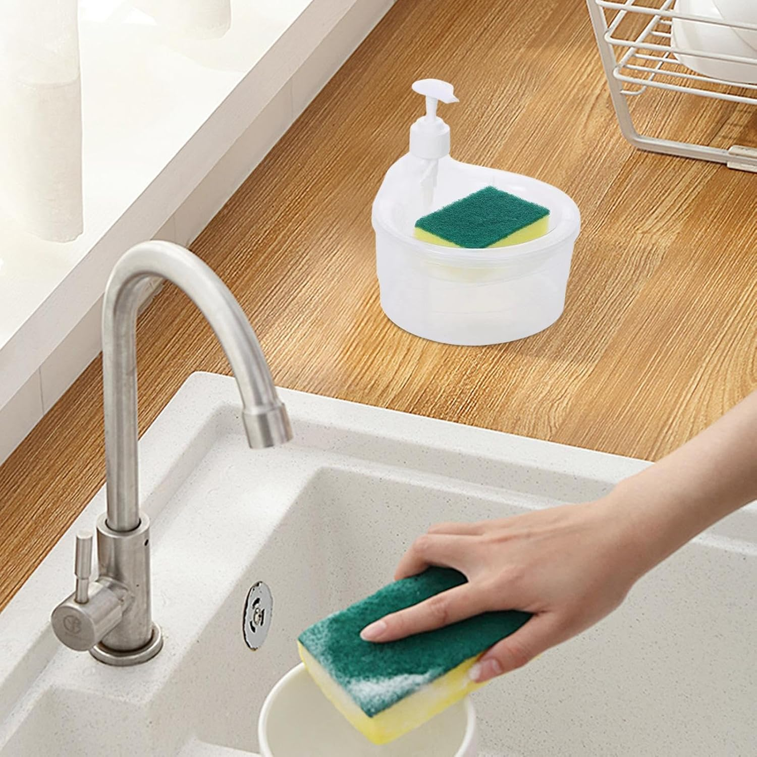 Dishwashing Soap Dispenser - Household Dish Soap Dispenser Bowl | Sponge Holder Sink Dish Washing Soap Dispenser, 2-In-1 Kitchen Sink Countertop Organizer with Sponge - Green image number 6