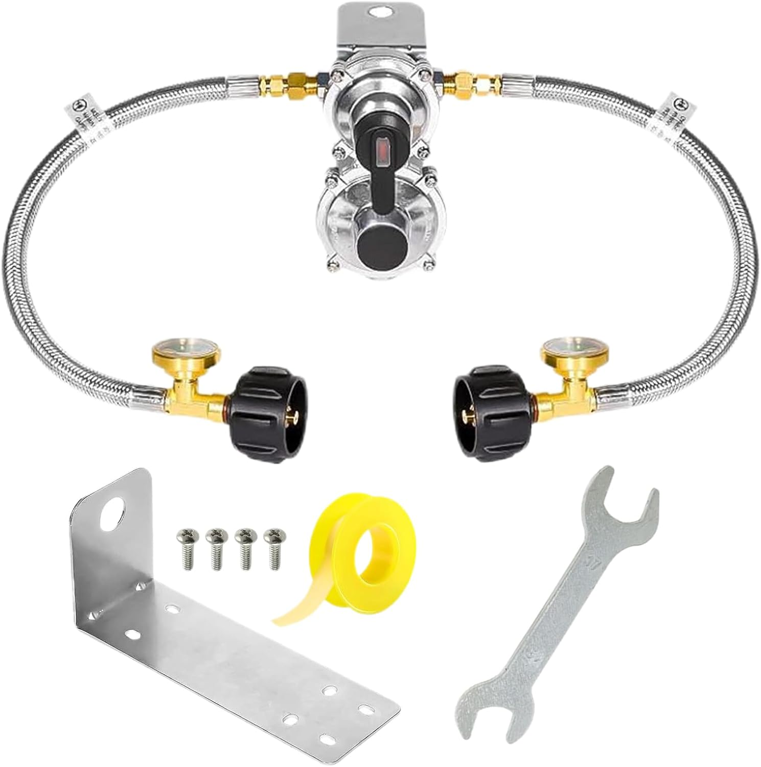 2 Stage Propane Regulator | Trailer Propane Regulator with 18 Inch Hose - Automatic Changeover 2-Stage Adapter with Gauge for Travel House Grill Trailer image number 1