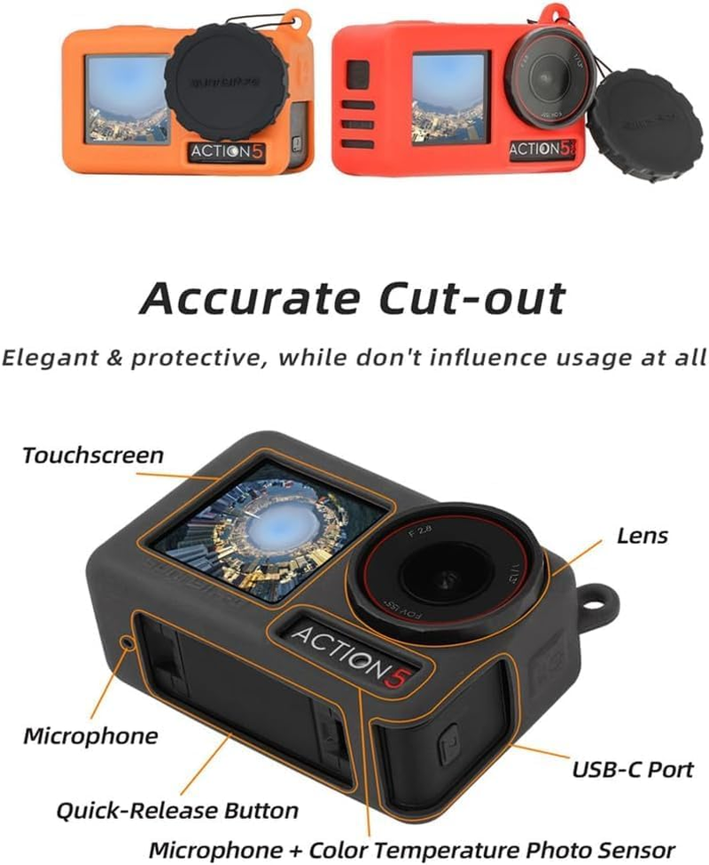 Protective Case Cover for DJI Osmo Action 5 Pro, Silicone Case Soft Anti-Slip Cover Anti-Scratch Sleeve for DJI Osmo Action 5 Pro with 2Pcs Lens Cap image number 2