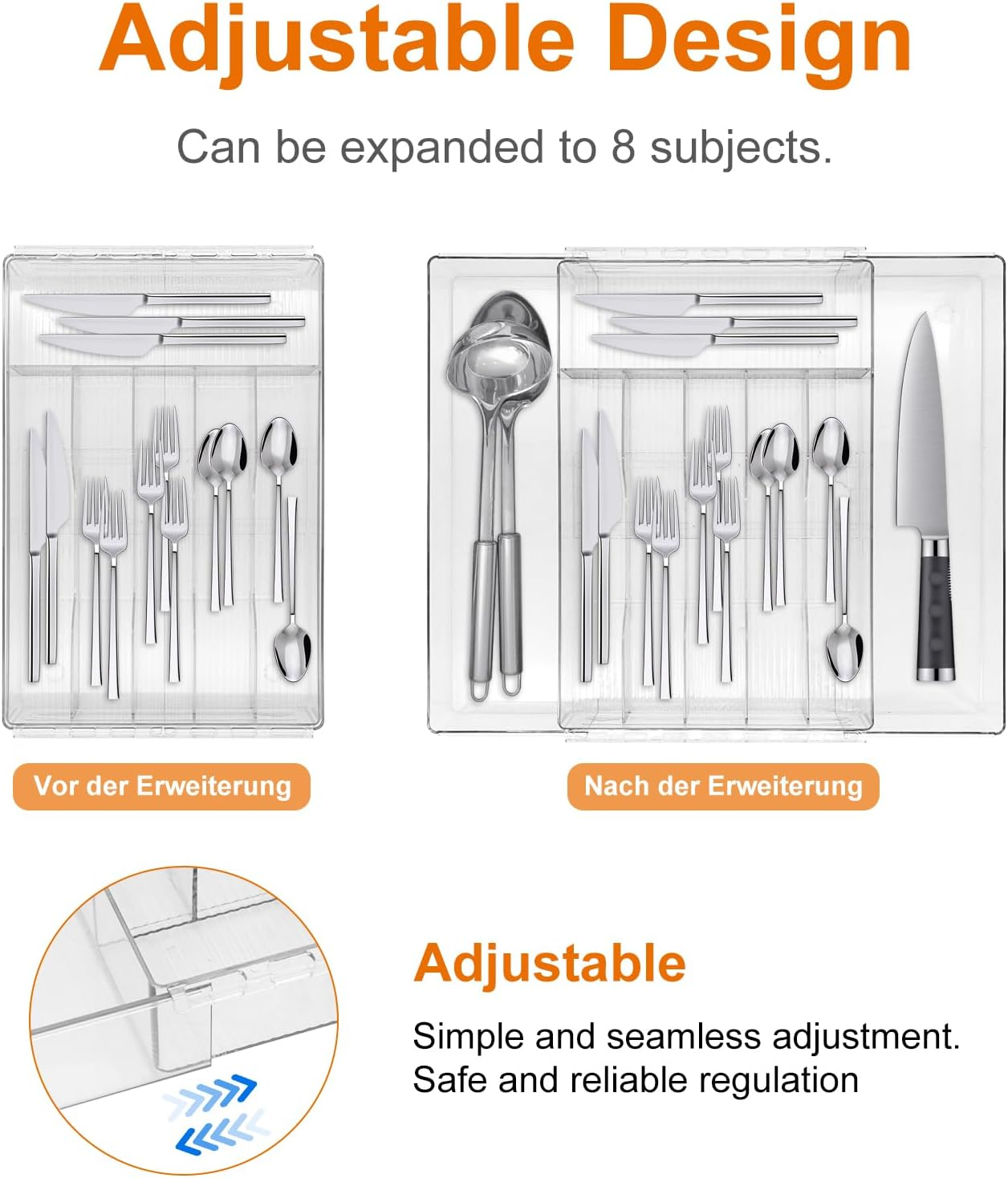 Cutlery Drawer Organiser,8 Divider Expandable Kitchen Drawer Organiser,Plastic Kitchen Organiser Storage for Spoon Fork Knife (Middle) image number 3