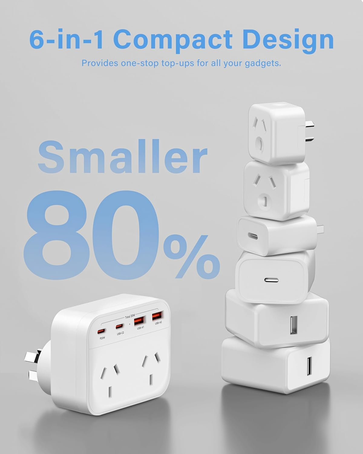 LOVELEDI USB Plug Extension - PD 20W USB C Powerpoint, 2 Way Socket Extender with 2 USB-C & 2 USB A, 6-In-1 Grounded Plug Power Outlet Double Adapter, Extension Board for Home, Office, Bedroom, Travel