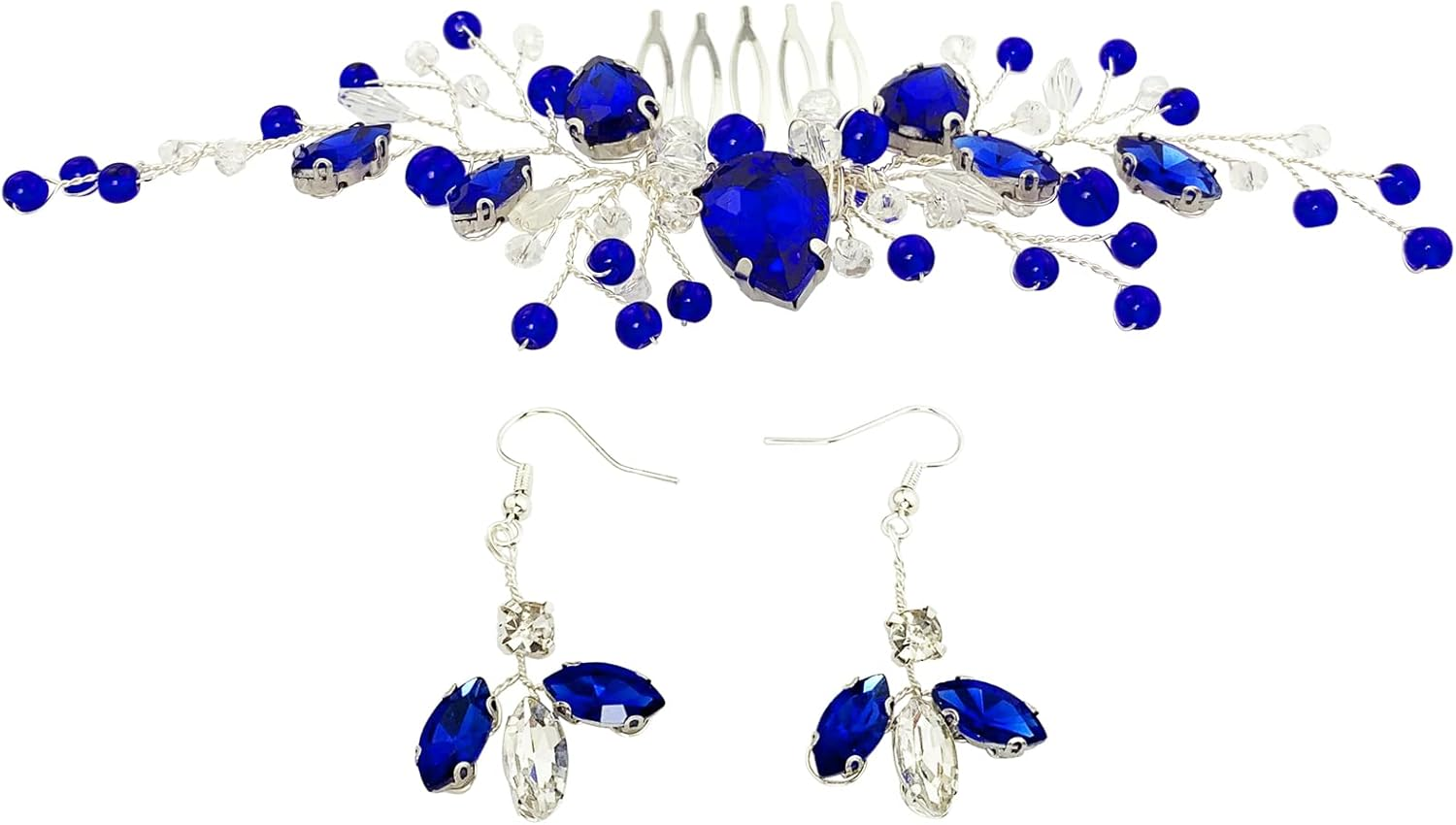Bridal Crystal Hair Comb and Earrings Set Elegant Bride Wedding Hair Piece Accessories for Women Prom Party Photography (Royal Blue)