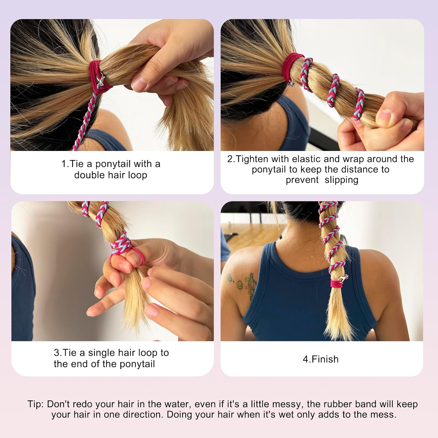 APCGSM 4PCS 25" Hair Ties for Women, Swimming Hair Ties Ponytail Holders Black Sport Elastic Hair Ties No Damage for Thick Hair Ponytail Wrap Hair Tie (4Pcs Black-25") image number 4