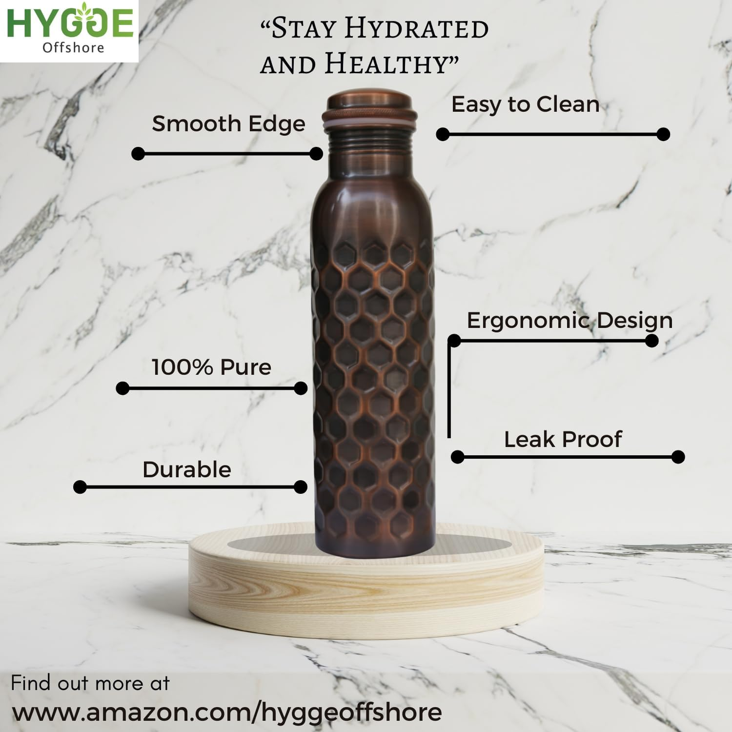 HYGGE 34 Oz Pure Copper Water Bottle &ndash; Ayurvedic Copper Vessel &ndash; Leak-Proof, Antique Hammered Design &ndash; Promote Health & Hydration &ndash; Eco-Friendly Drinkware image number 1