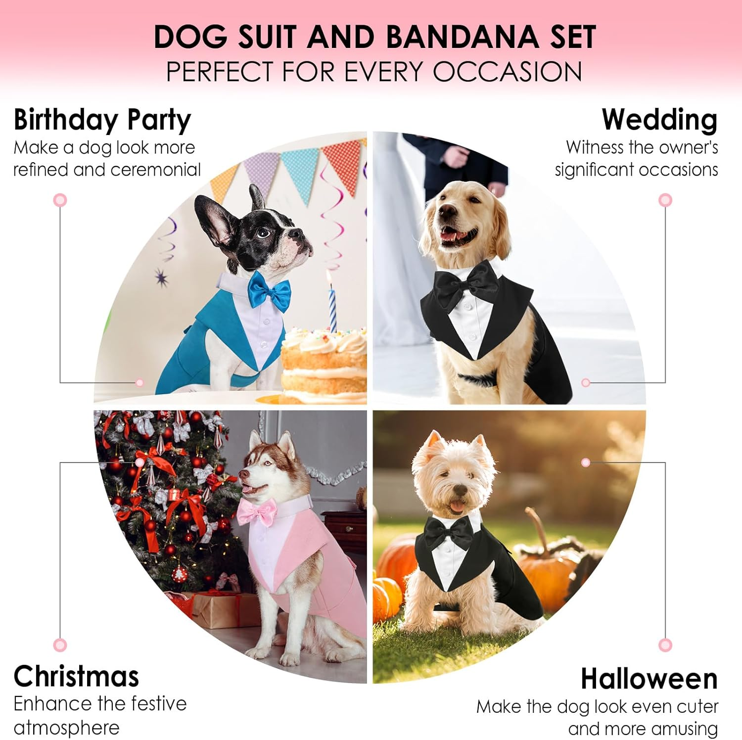 AOFITEE Dog Tuxedo Formal Dog Suit and Bandana Set, Gentle Dogs Wedding Party Suit Bow Tie Shirt, Tuxedo for Medium Dogs Costume Outfit with Detachable Bowtie Collar for Christmas Halloween Dress Up image number 4