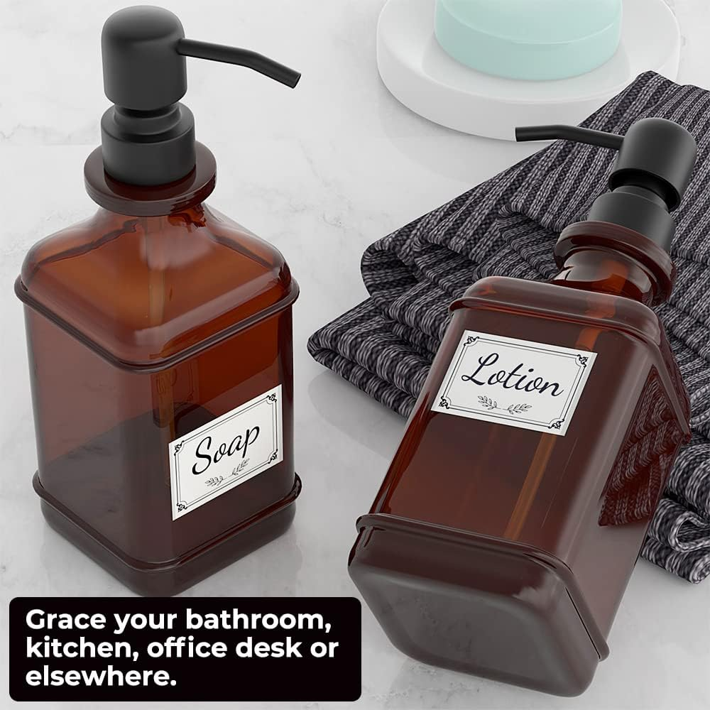 GLADPURE Soap Dispenser 2 Pack, Hand Soap Dispensers with 18 Oz Antique Design Thick Amber Glass Bottle, 316 Rust Proof Stainless Steel Black Pump, 6Pcs Stickers, for Lotion, Soap, Essential Oil image number 2