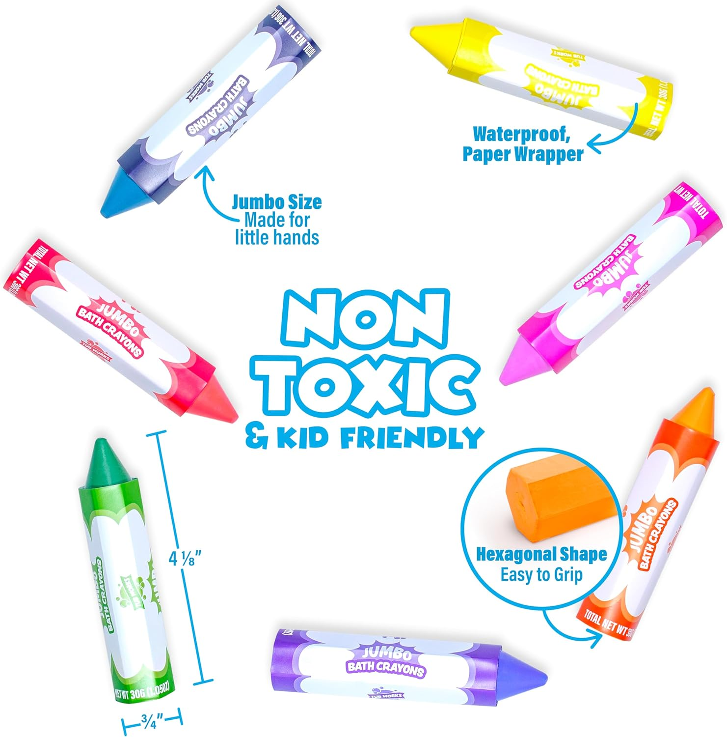 Tub Works&reg; Smooth&trade; Jumbo Bath Crayons Bath Toy | Nontoxic, Washable Bath Crayons for Toddlers & Kids | Unique Formula Draws Smoothly & Vividly on Wet & Dry Tub Walls | Large, Easy-Grip Bathtub Crayons image number 1