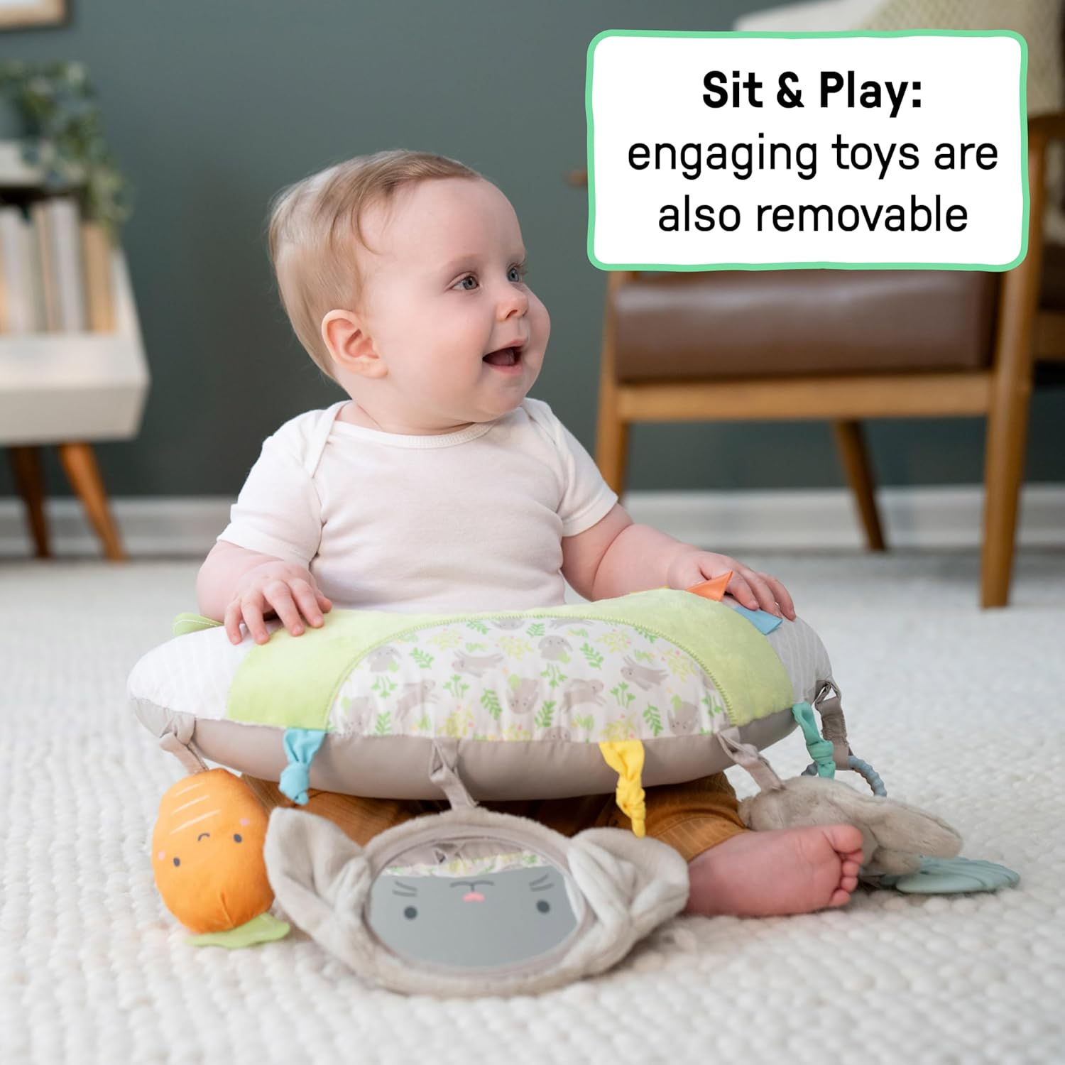 Ingenuity Cozy Prop Sylvi Tummy Time Pillow​, Multi-Sensory, 4 Removable Toys, 0+M - Plush Bunny image number 1