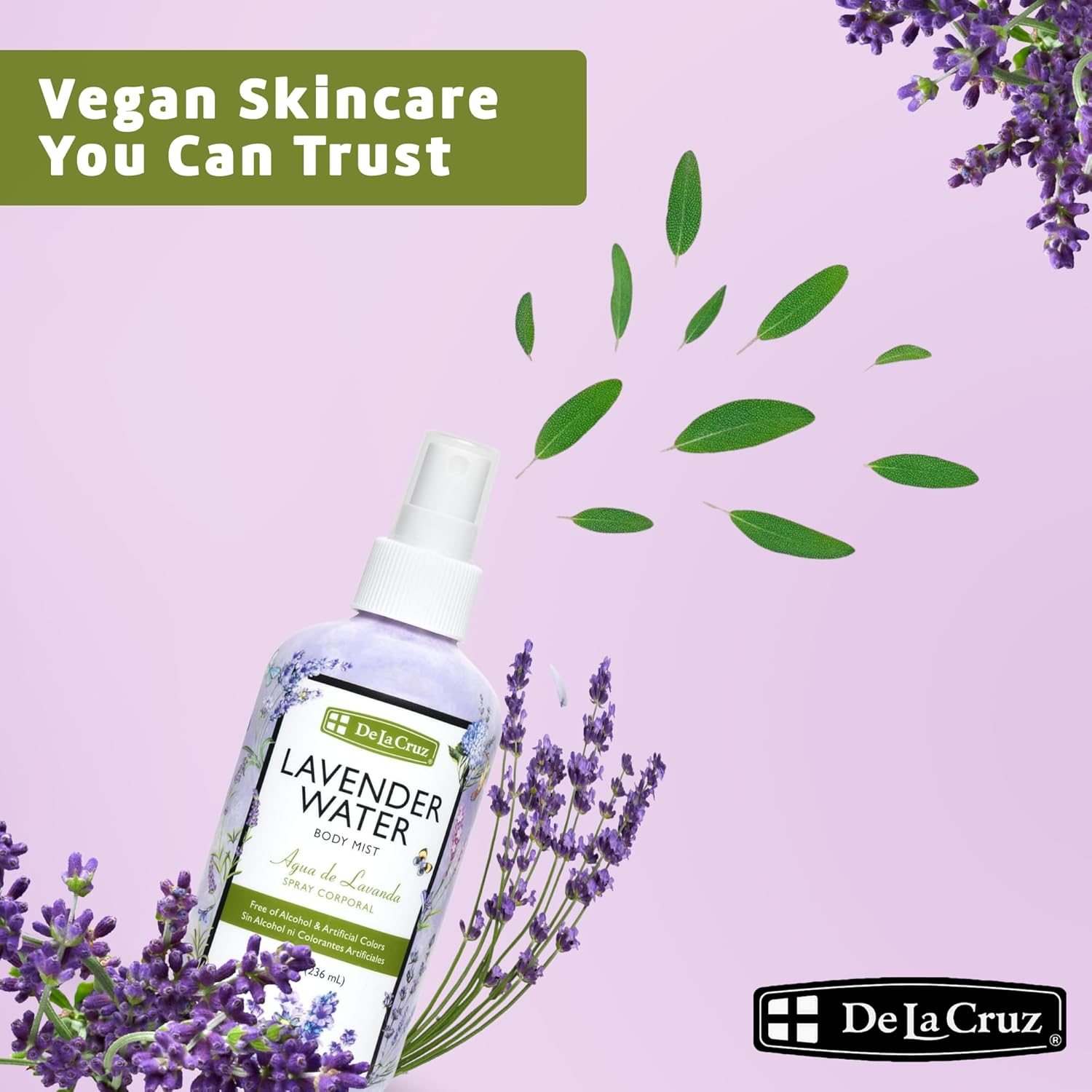 De La Cruz Lavender Water Body Mist - Lavender Spray Body Mist with Pure Lavender Essential Oil 8 Fl Oz (236 Ml)