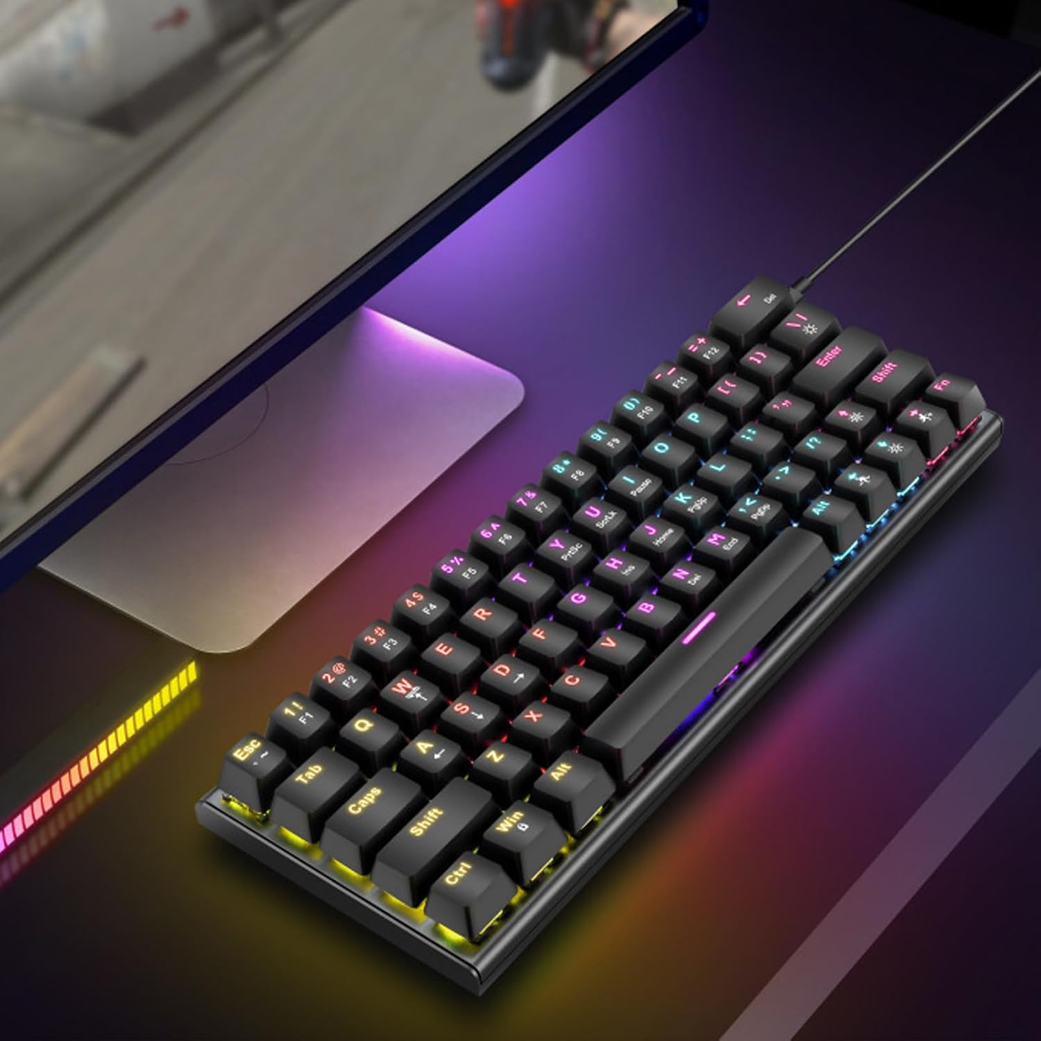 Compact 63-Key Mechanical Gaming Keyboard with RGB Backlit Blue Switches Wired USB for PC Laptop Desktop Computers image number 1