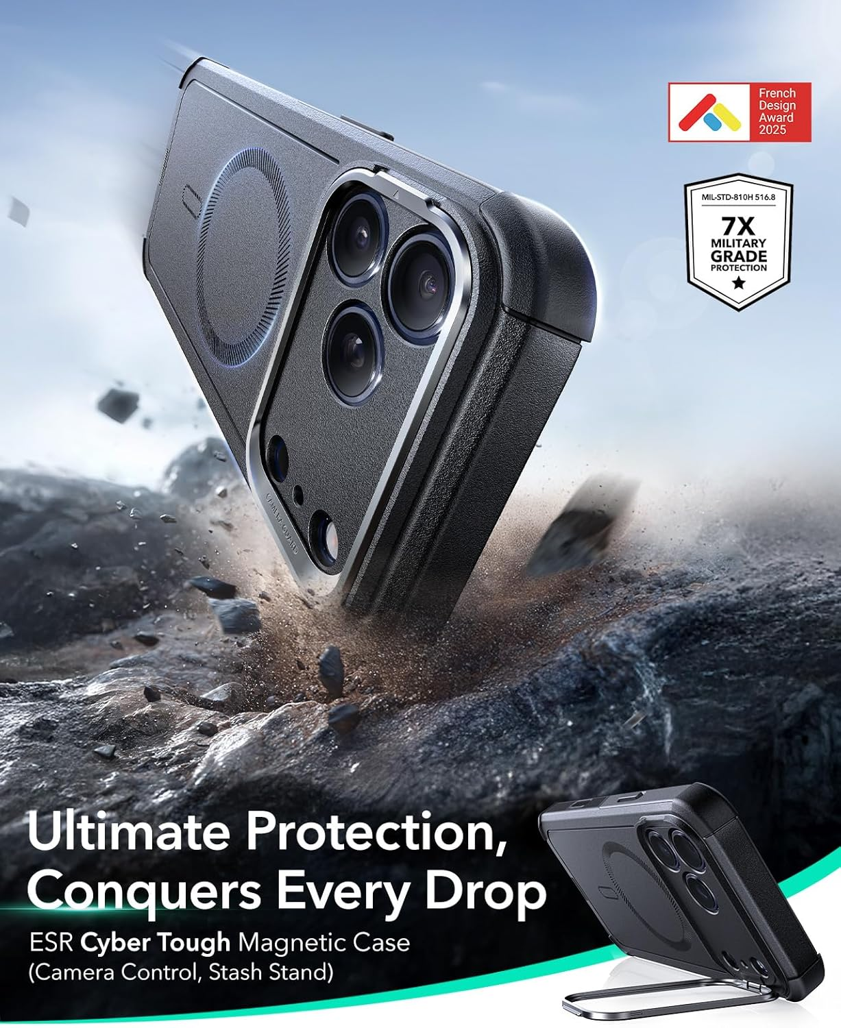ESR for Iphone 17 Pro Max Case with Stash Stand, 7X Military-Grade Drop Protection with Camera Control, Shock-Absorbing Phone Rugged Cover, Compatible with Magsafe Accessories, Cyber Series, Black image number 4
