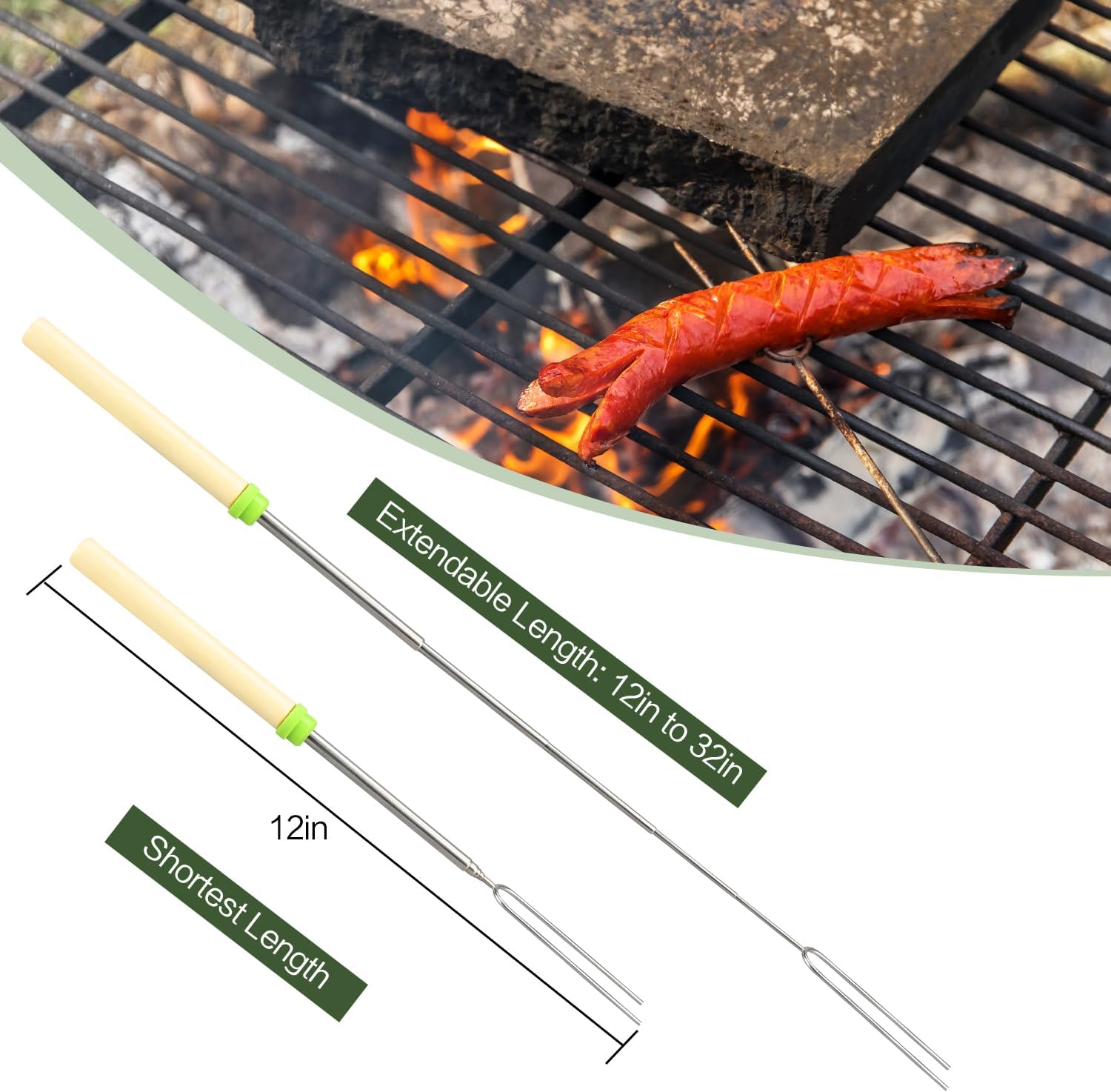 8 Pack Marshmallow Roasting Sticks Set, Extendable 32In Long Metal Barbecue Skewers with Wooden Handle, for Marshmallow, Hot Dogs, Camping, BBQ, Grill(8 Pack) image number 5
