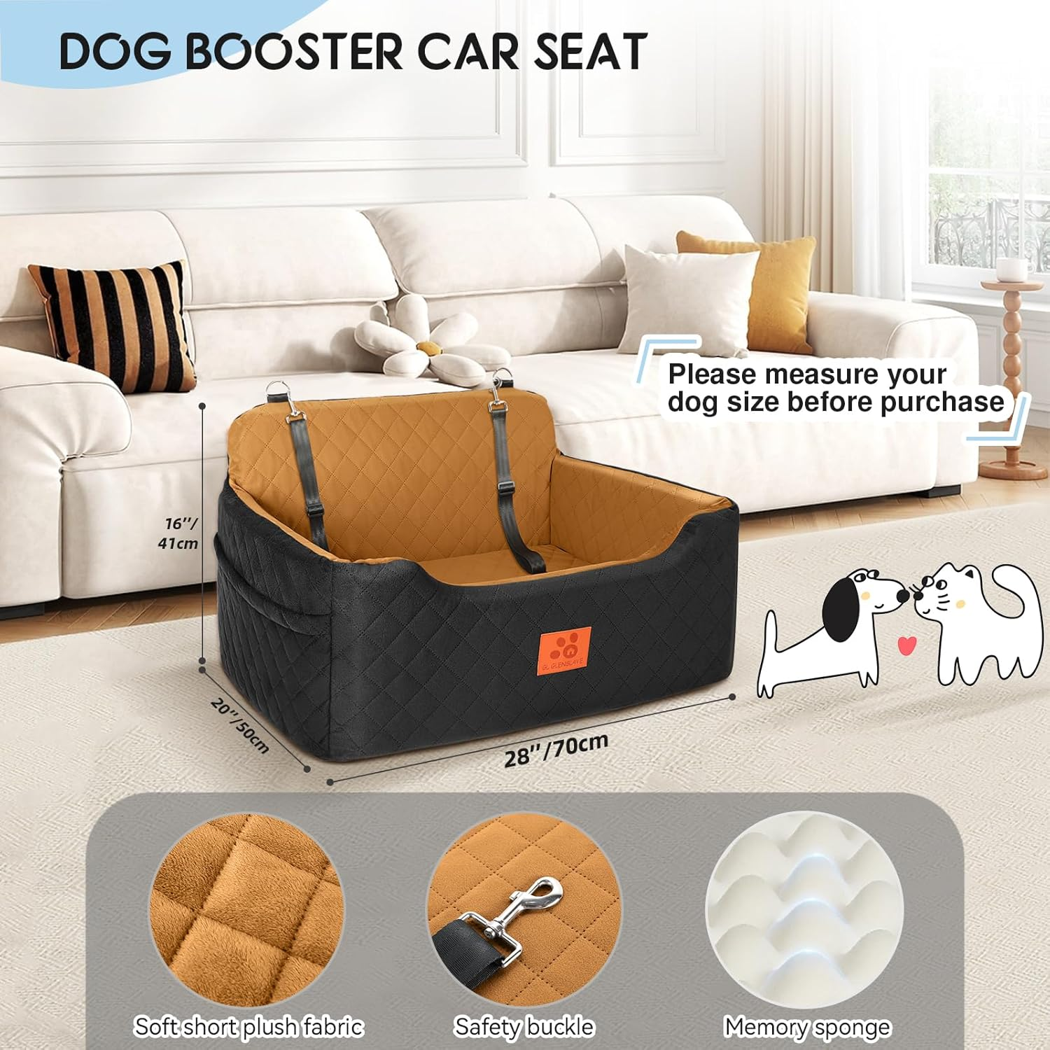 GL GLENSLAVE Dog Car Seat for Medium/Large Dogs, Dog Booster Seat for Dog under 50Lbs or 2 Small Dogs, Detachable and Washable Pet Car Seat, Multi-Functional Travel Dog Bed & Dog Sofa(Black/Brown) image number 2