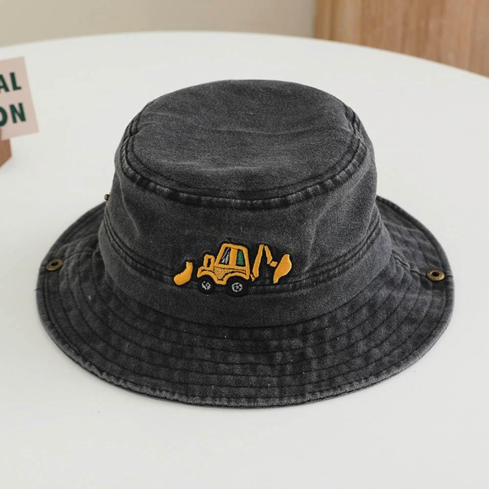 Excavator Embroidered Kids Sun Hat for Boys Girls UPF 50+ Cotton Washed Bucket Cap Wide Brim Toddler Fishing Hat Summer Beach Hat Safari Hat - Washed Red image number 6