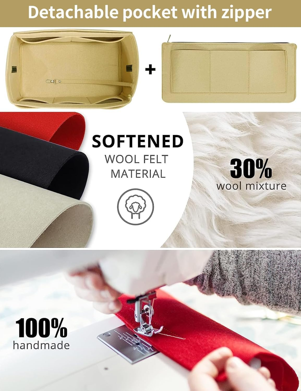 Purse Organizer Insert, Handbag Purse Organizer, Multi Pocket Wallet Organizer, Backpack Liner Organizer, Handbag Tote Shaper, Felt Bag Organizer with Zipper, Felt Bag Organizer for Tote (GREY) - Pk image number 3