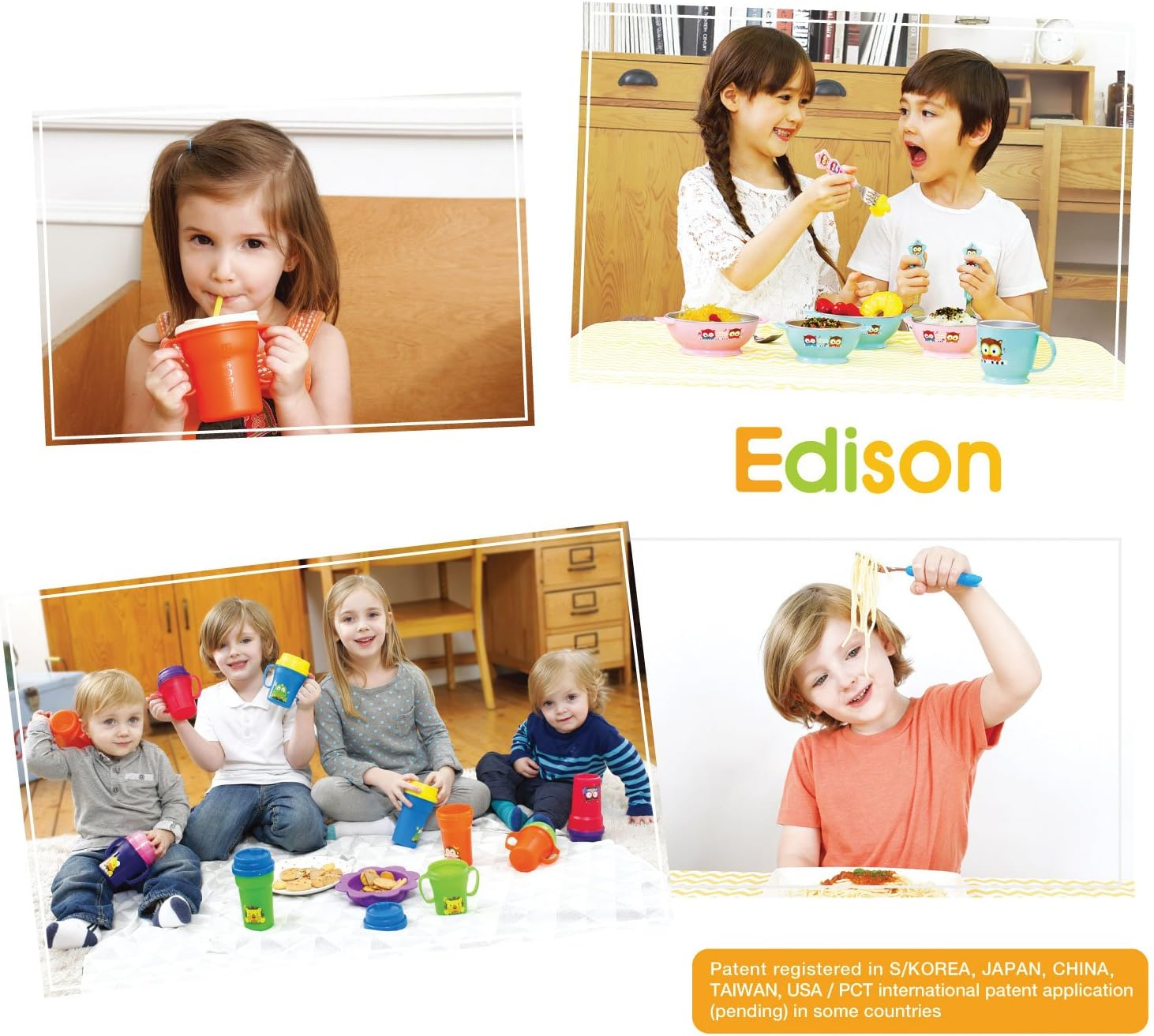 Edison Baby Flat Edge Spoon & Grooved Fork Set with Case (Baby, Owl Green/Blue Set)