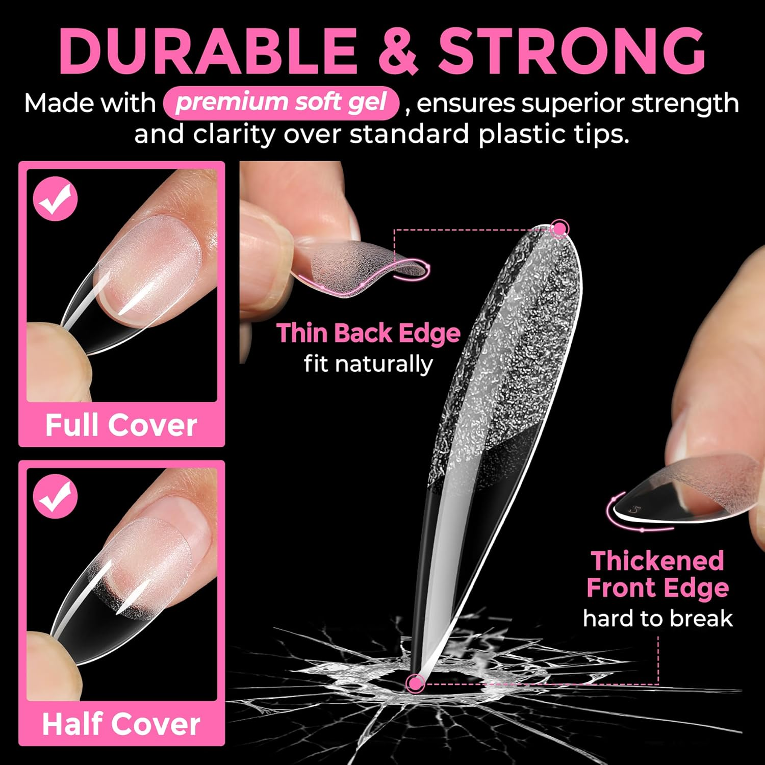 UNA GELLA Almond Nail Tips, 216Pcs Pointed Almond Gel Nail Tips Pre-Shape Half Matte Full Cover Clear Acrylic Soft Gel Fake Nails for Nail Extension Nail Art 12 Sizes image number 4