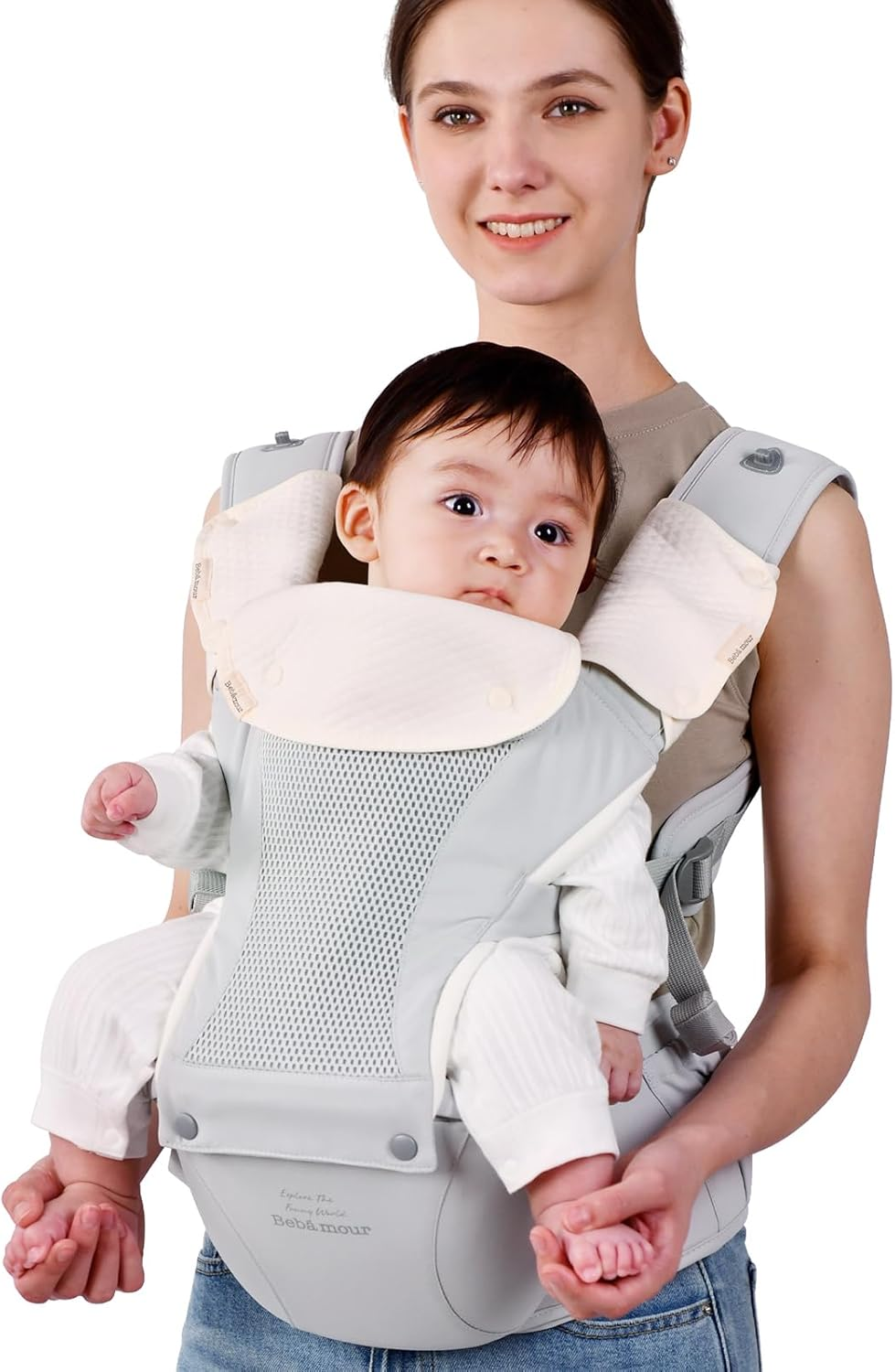 Bebamour Baby Carrier with Hip Seat,All-Position Breathable Mesh Hip Seat & Carrier 0-36Months with Head Hood, 3 PCS Teething Pads, Waist Extender,Storage Bag & Pacifier Case (Blue)