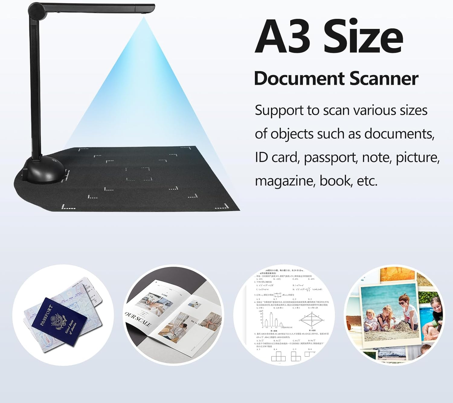 LAPOOH Document Camera Book Scanner A3 A4 Size with LED Fill Light HD 16 -Pixels High Speed Scanning Support Multi-Language OCR Software USB Port Compatible with Windows for ID Cards Passport Books image number 3