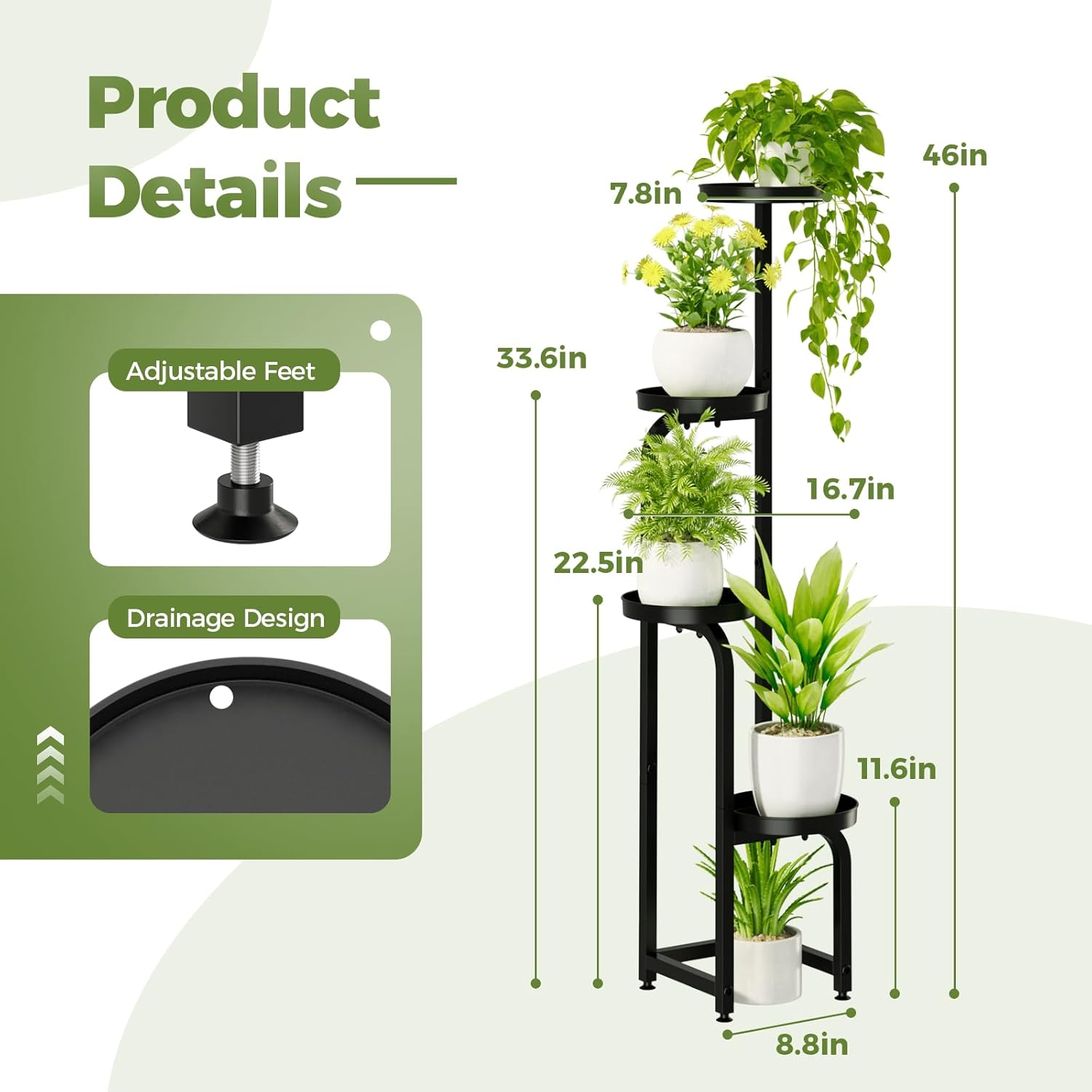 Bamworld Tall Plant Stand Indoor Outdoor, Corner Metal Flower Pot Stands for Multiple Plants, 4 Tier Heavy Duty Plant Shelf for Patio Garden Balcony Living Room Bedroom, Black image number 6