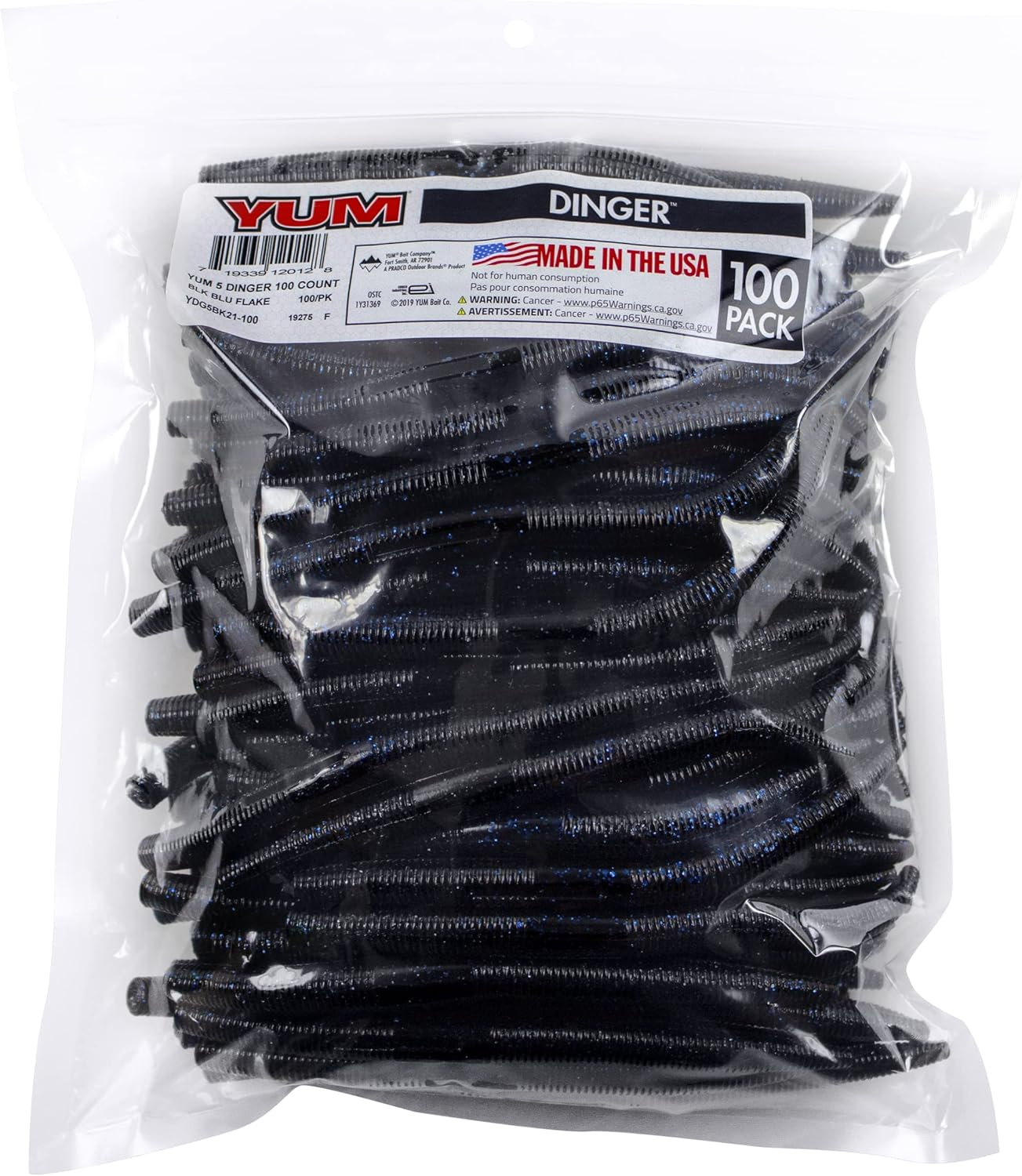 YUM Dinger Classic Worm All-Purpose Soft Plastic Bass Fishing Lure 100 Pack, 5 Inch