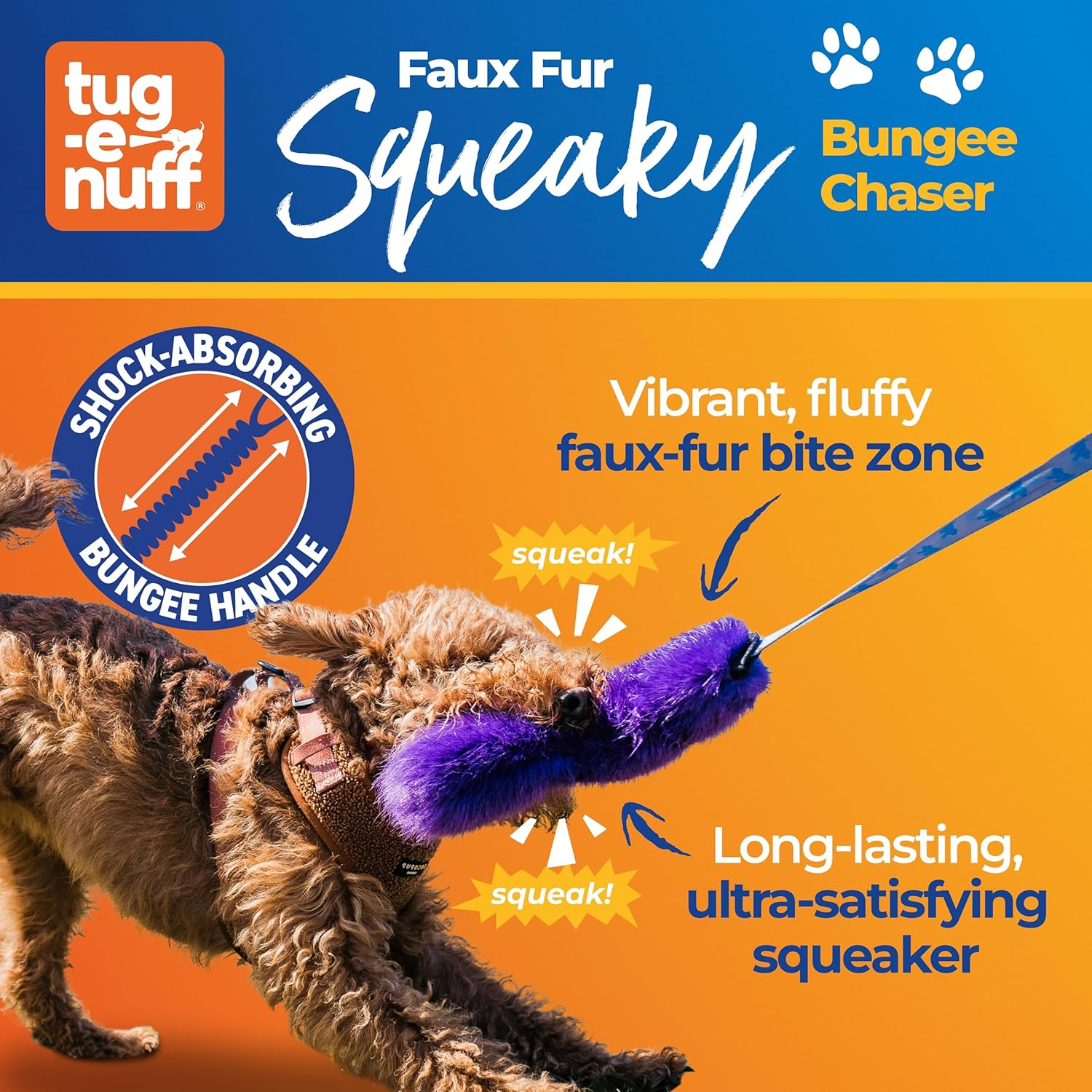 Tug-E-Nuff Faux Fur Squeaky Bungee Chaser Dog Toy, Tough Dog Tug Toy for Puppy, Small, Medium and Large Breeds, Interactive Training Chase Toys for Dogs, 46.5 In, Orange & Blue image number 6
