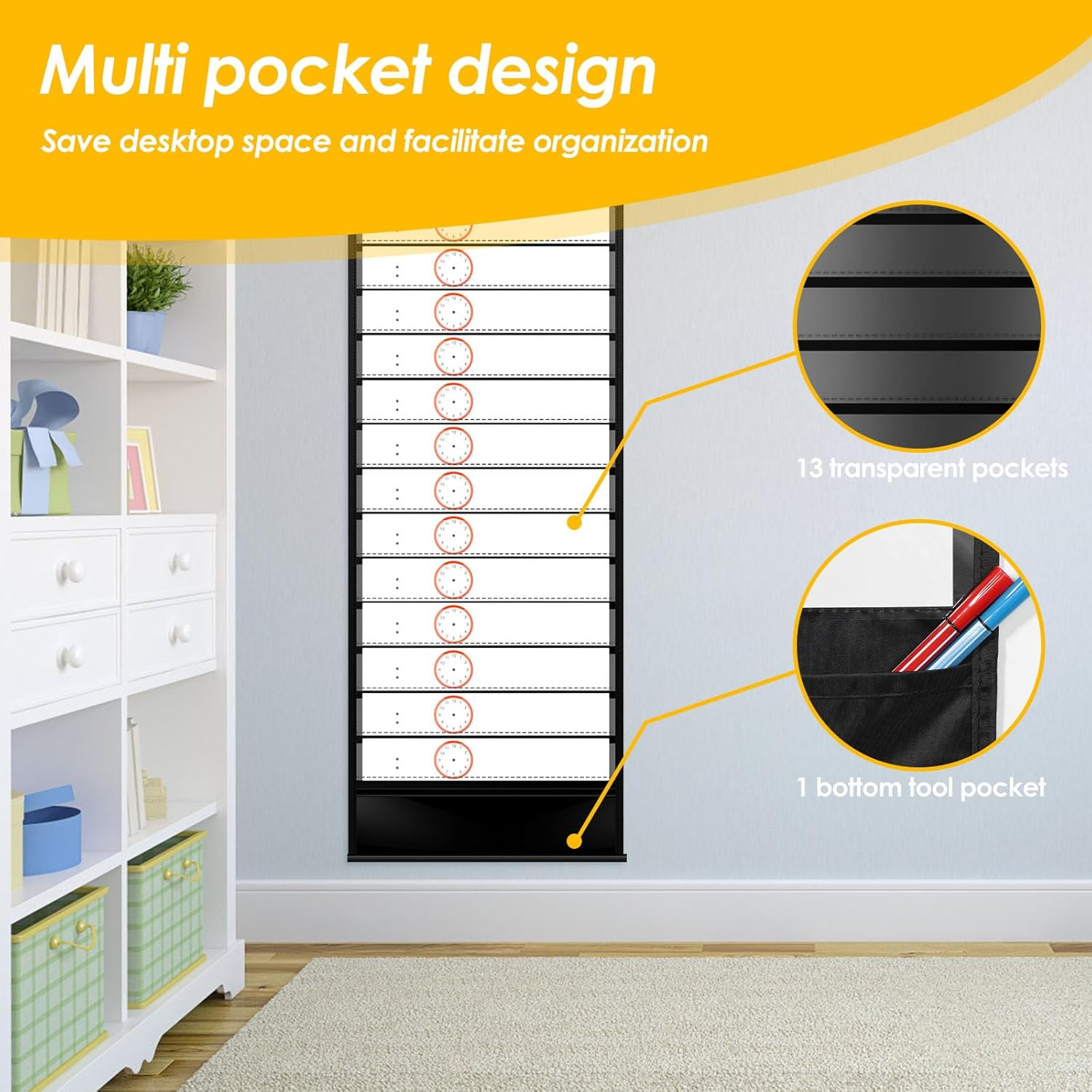 Daily Schedule Pocket Chart School Smart Pocket Chart 13+1 Pockets Scheduling Pocket Chart with Blank Cards Greenery Schedule Charts for Classroom Home Office Activities Decorate (Black) - Black image number 6