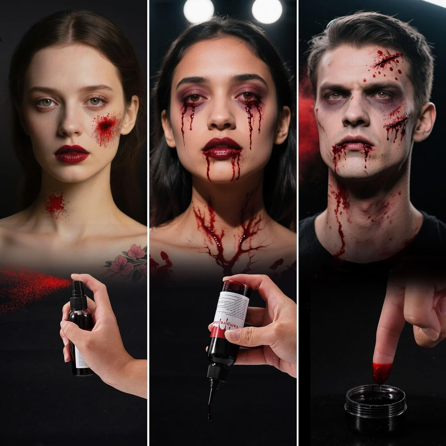 3Pcs Vampire Blood Fake Blood Kit - Coagulated Gel, Spray & Dripping Liquid for Realistic Vampire Zombie SFX Makeup, Skin-Safe Washable Special Effects Blood for Halloween Cosplay Costume Party image number 4
