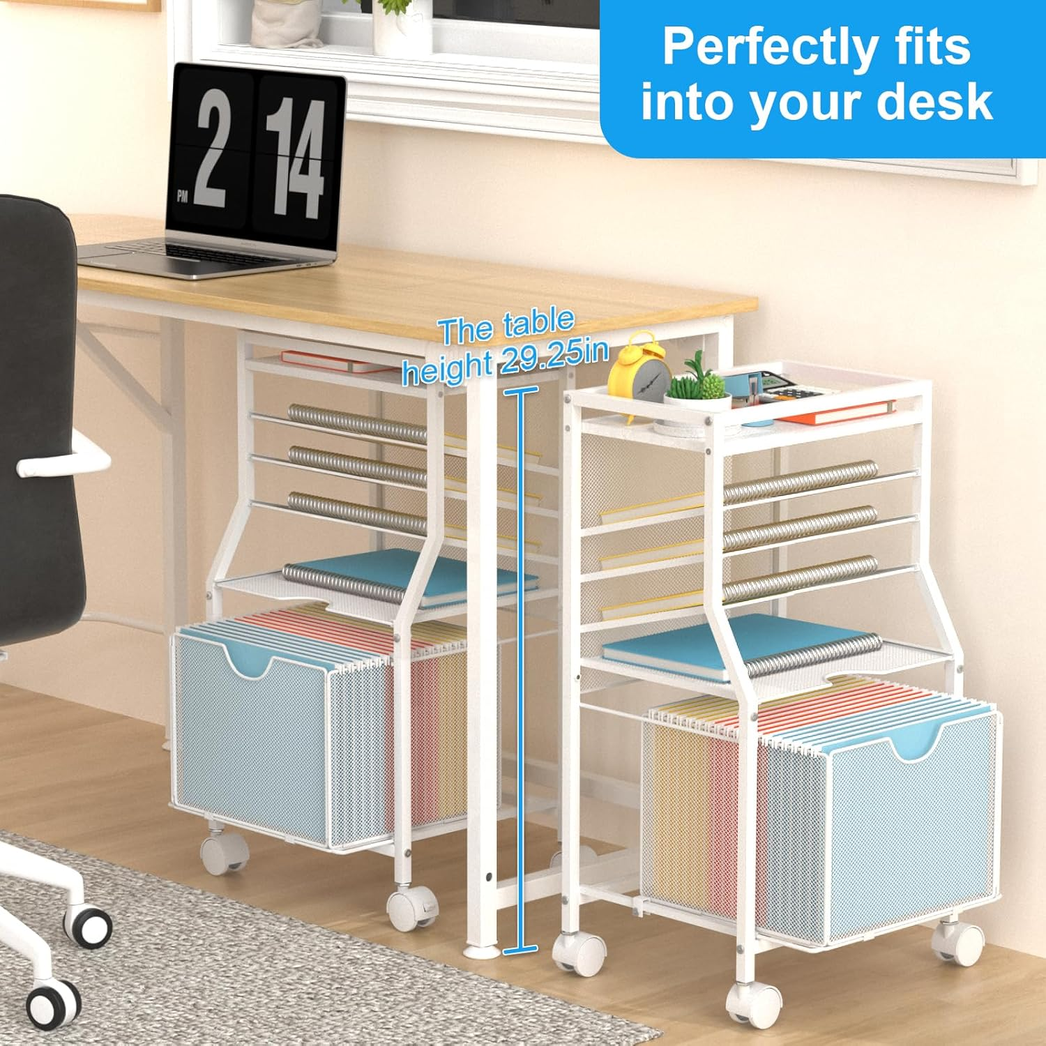 BOHDK Rolling File Cart, 6-Tier under Desk Organizer on Lockable Wheels, Wood Planks & Mesh File Cart with Sliding Drawer and Paper Trays for Office Home School, 14.8" L X 11.8" D X 27.7" H, White image number 2