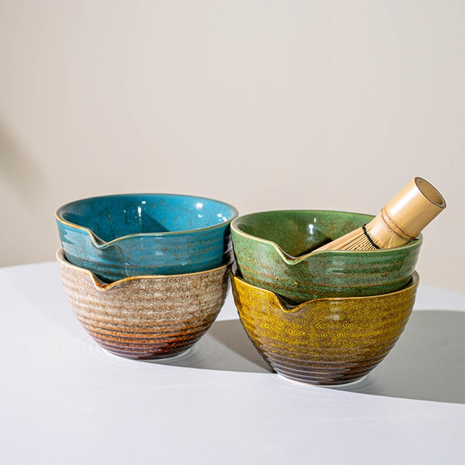 Matcha Set, Japanese Tea Set Includes Matcha Bowl with Spout, Matcha Whisk Holder, Bamboo Matcha Whisk and Sifter Scoop, 17 Oz Mottled Tea Green Glaze Ceramic Matcha Kit for Tea Lovers