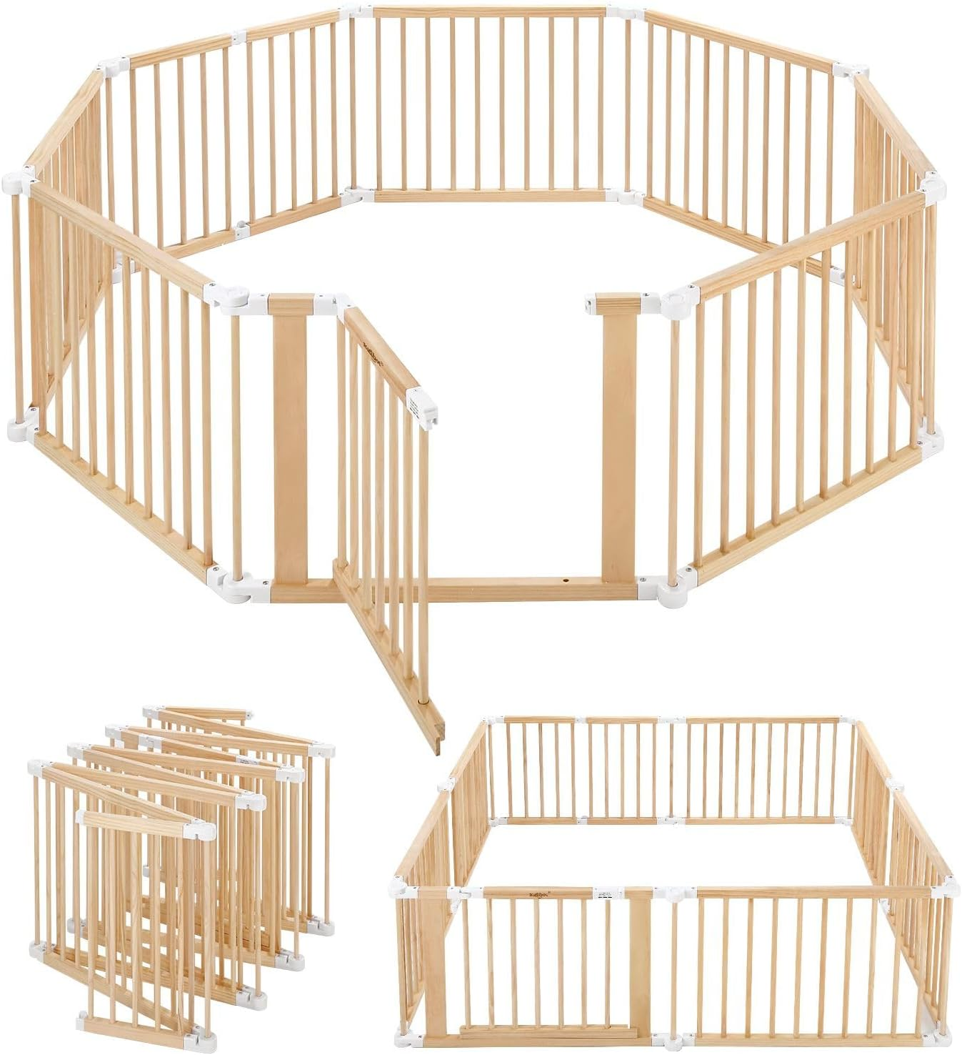 Pet Scene Wooden Pet Playpen Gate 8 Panel for Kids Pet Dog Safety Fence Activity Centre Play Yard Pen Foldable Travel Guard image number 4