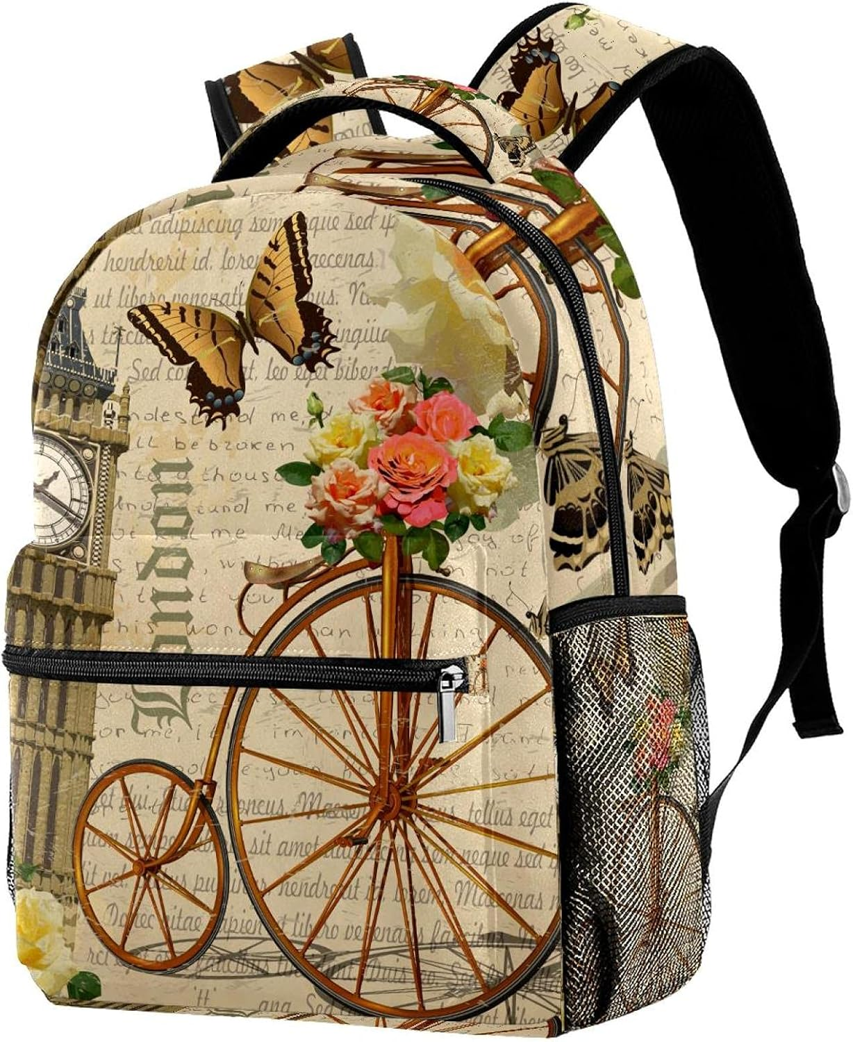 Vintage Postcard London with Big Ben,Roses and Bicycle Backpack Students Shoulder Bags Travel Bag College School Tote Backpacks image number 5