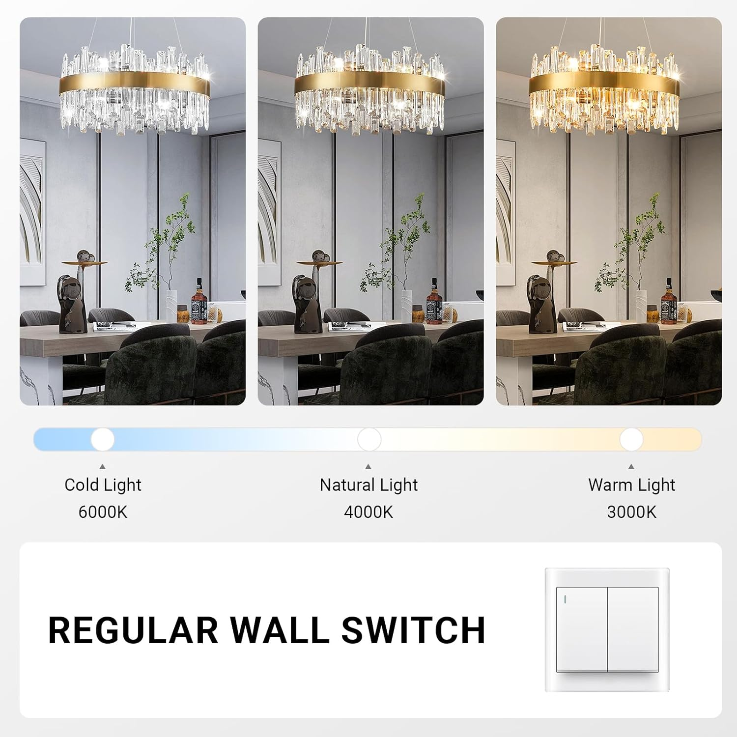 USOR Modern Crystal Chandelier, 12 Lights Gold Pendant Light D60Cm Contemporary round Ring K9 Crystal Ceiling Light Fixture for Dining Living Room Kitchen Island 3 Color Temperature Bulbs Included