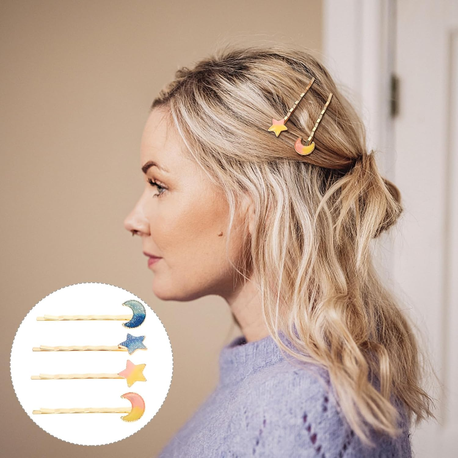 ULTECHNOVO 4Pcs Star Moon Hair Clips Hair Barrettes Accessories Party Headwear Set Blue and Yellow Stars and Moons image number 3