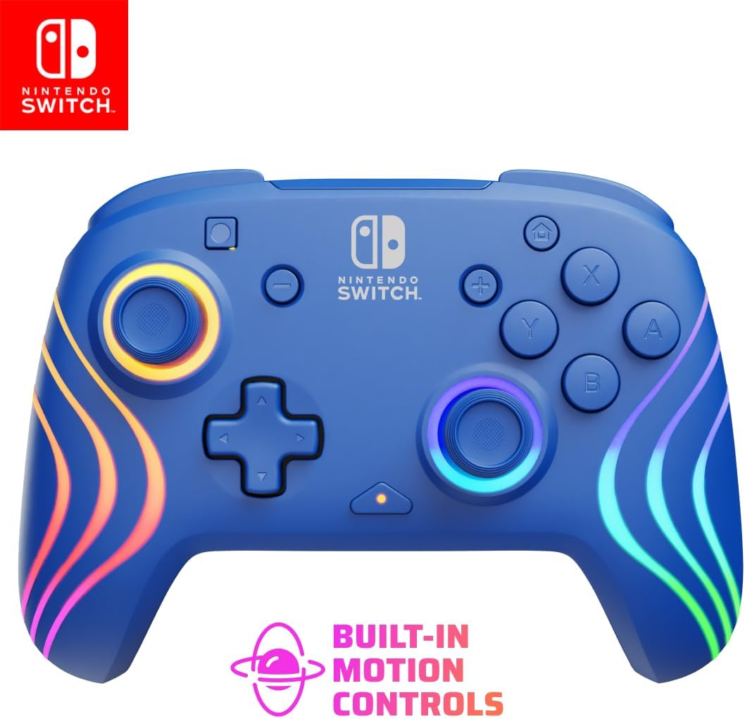 PDP Afterglow Wave Wireless Pro Controller with Full Motion for Nintendo Switch, Nintendo Switch - OLED Model, 8 RGB LED Lighting Zones, 30 Foot Range, 20 Hour Rechargeable Battery: Blue