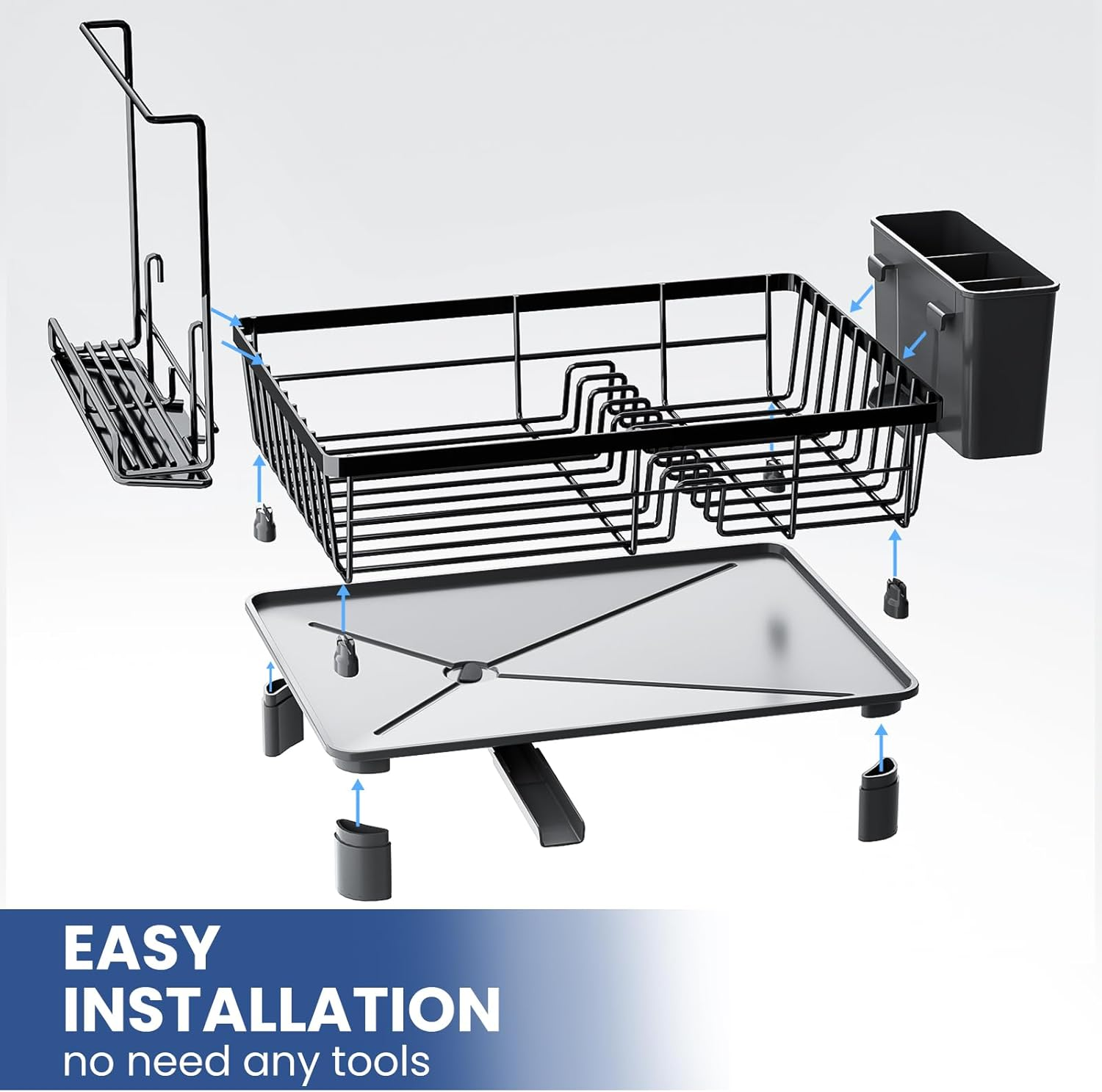 Acemining Dish Rack with Cutlery Holder and Towel Bar, 360&deg; Swivel Drain, Stainless Carbon Steel, Space Saving Kitchen Organizer for Plates, Cups, Cutlery, Black image number 4