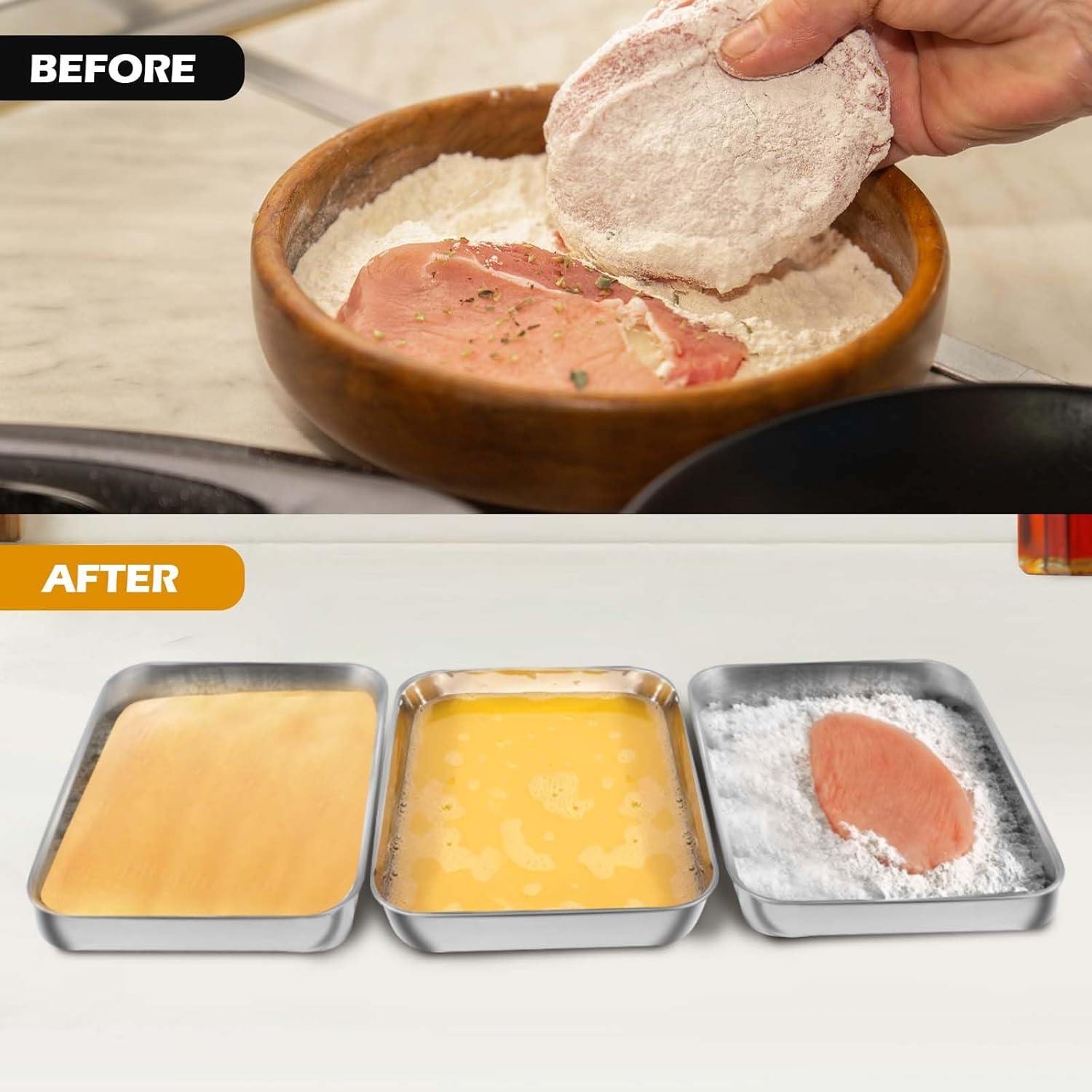 3-Pcs Stainless Steel Breading Tray Set, 25 X 19 X 5 Cm Stainlesssteel Baking Tray for Chicken Breast, Marinated Meat, Food, Oven and Dishwasher Safe image number 6