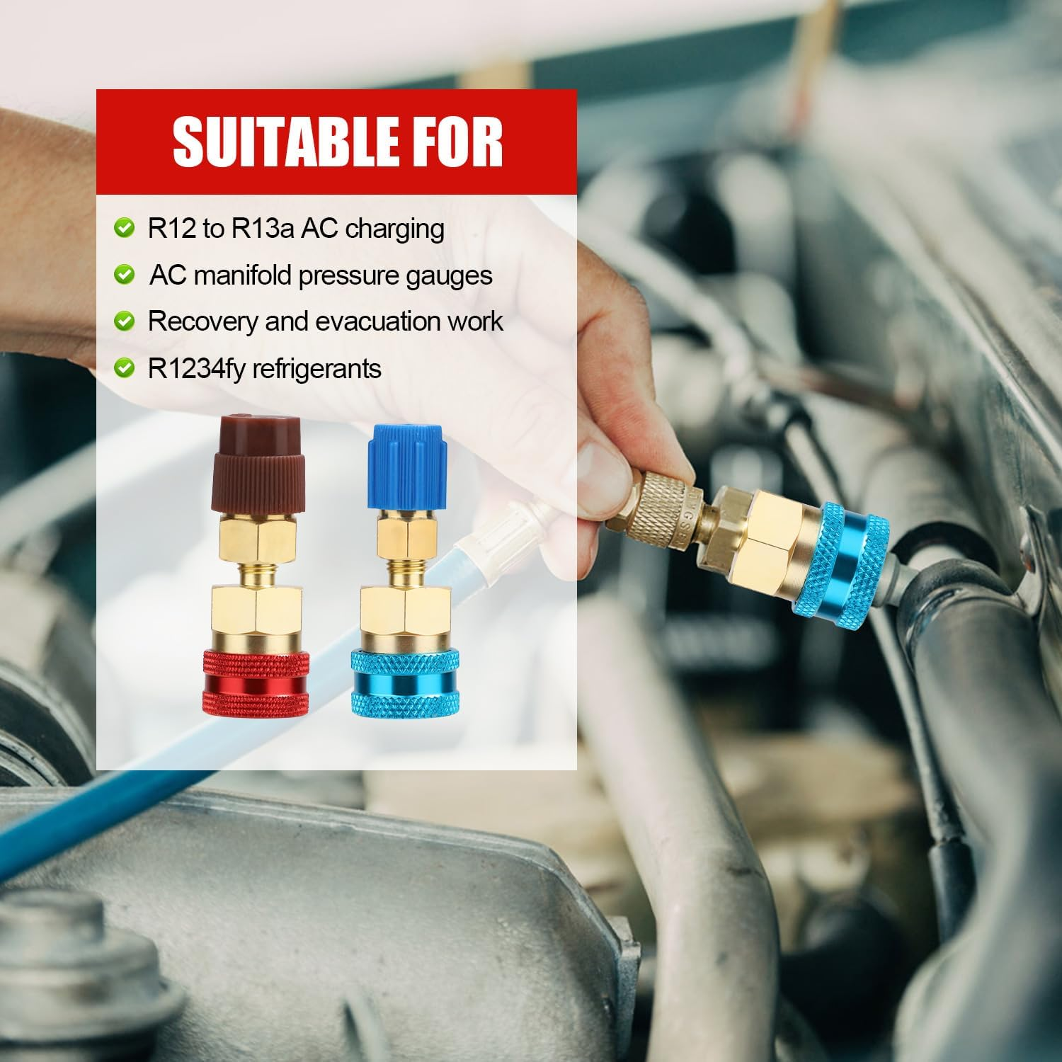 2Pcs R134A to R1234Yf Adapter Fittings, High & Low Adjustable Quick Coupler Adapters with Valve Core Wrench Sturdy Coupler Connector Adapter Fitting Kit for Car AC Refrigerant image number 1