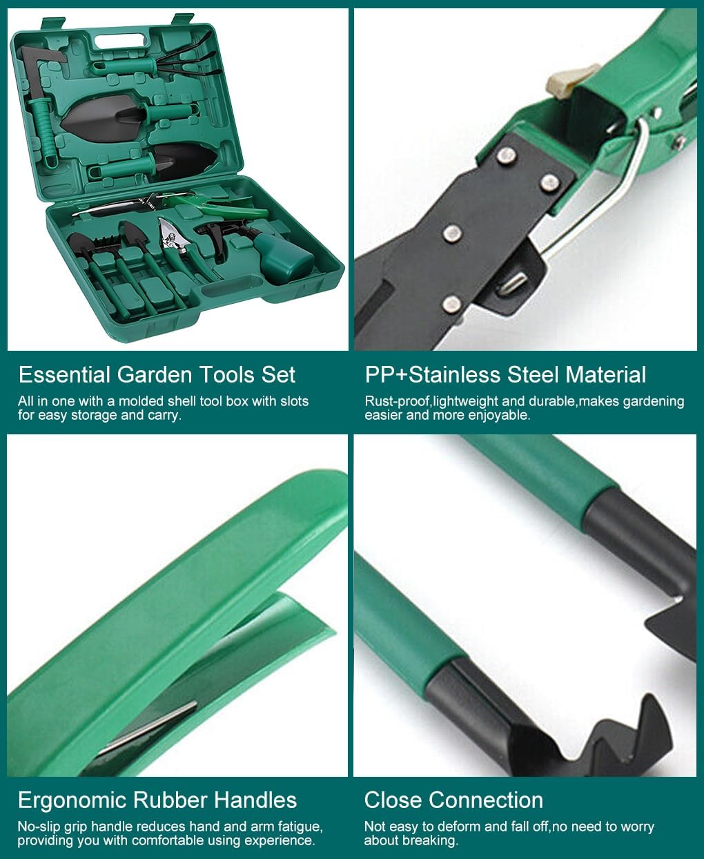 Springup 10 Pieces Garden Tools Set,Heavy Duty Gardening Tools,Gardening Tools with Carrying Case,Ergonomic Hand Tools, Pruner,Rake,Shovel, Trowel, Sprayer, Gifts for Men,Women(Green) image number 1