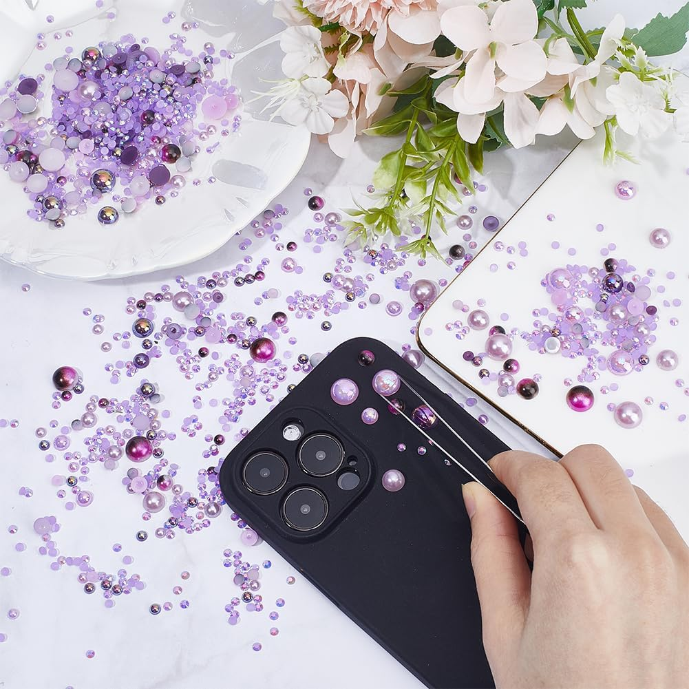 CRASPIRE 30G Flatback Pearls and Rhinestones Set Purple 3Mm-10Mm Mixed Size Half round Flat Back Resin Rhinestone Multi Color Bulk for Crafts Art Face Jewelry Nail Shoes Decoration Makeup