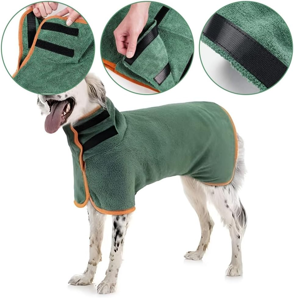 Dog Drying Coat, Microfiber Dog Towel Robe with Super Absorbent Material & Fast Drying Design, Adjustable Collar & Belly Strap for Dogs and Cats for Bath Time, Swimming & Rainy Days (Green)