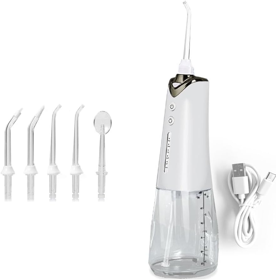 Cordless Rechargeable Water Dental Flosser, 5 Jet Tips, 5 Modes, 300Ml Detachable Tank, IPX7 Waterproof, Portable Oral Irrigator (White)
