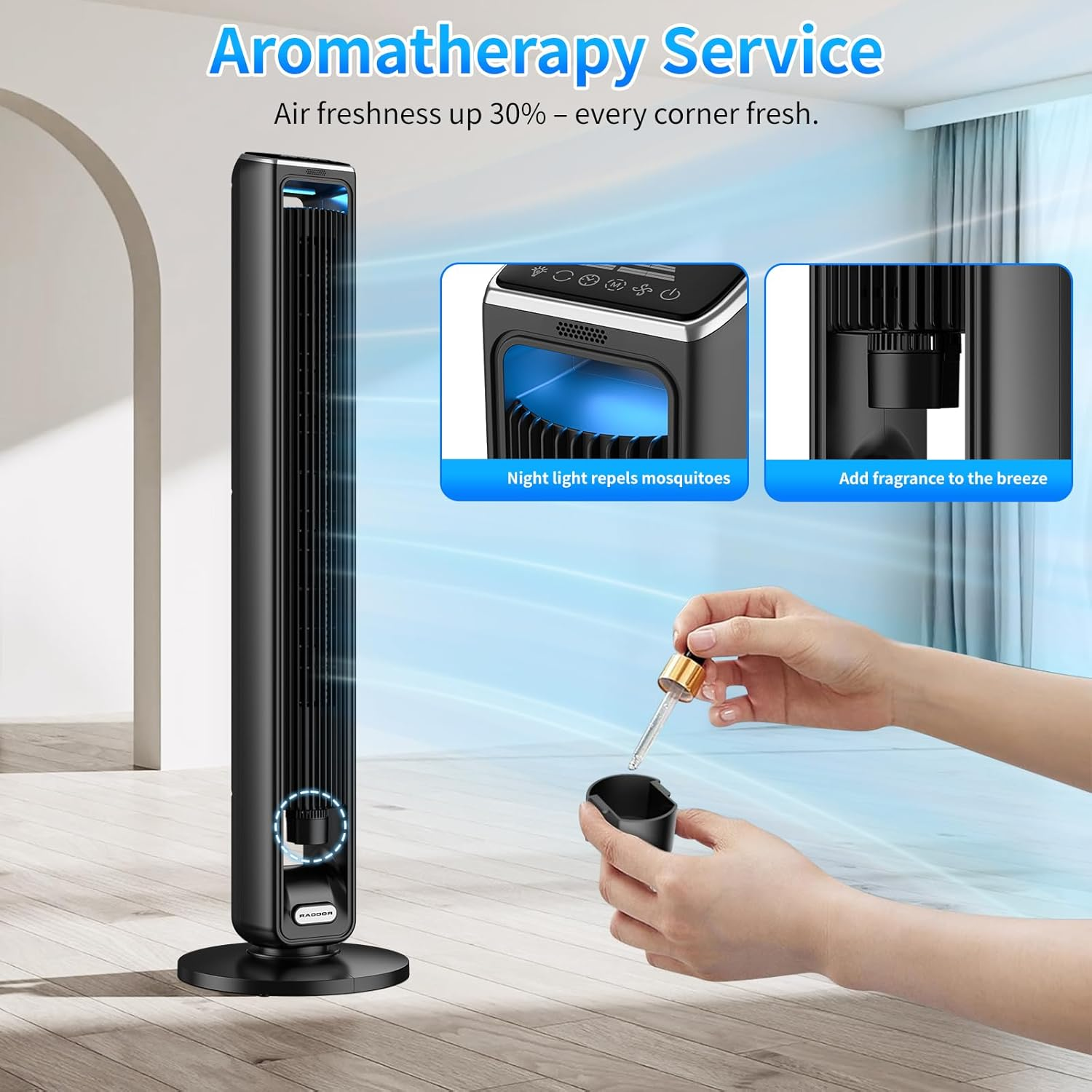 Smart Tower Fans with Aroma Box, 107Cm Slim Design, Touch Control and Remote Control, 70&deg; Oscillation, 7.5 M/S Silent Tower Fan, 3 Speeds, 15-Hour Timer, Black Standing Fan