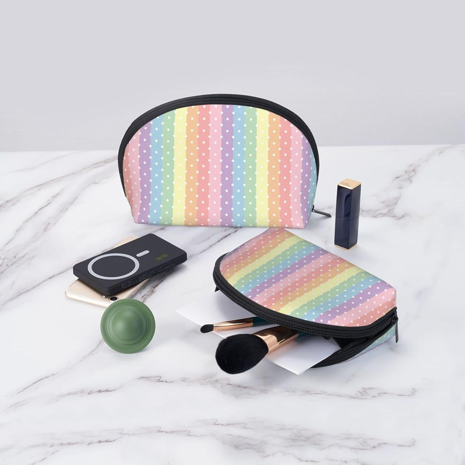 Cozimangoe Coin Pouch Makeup Bags Set, 2 Piece Shell Shape Cosmetic Bag with Pockets for Daily Travel Handbag Lipstick Keys Toiletry, Personalized Rainbow Pattern with Dot