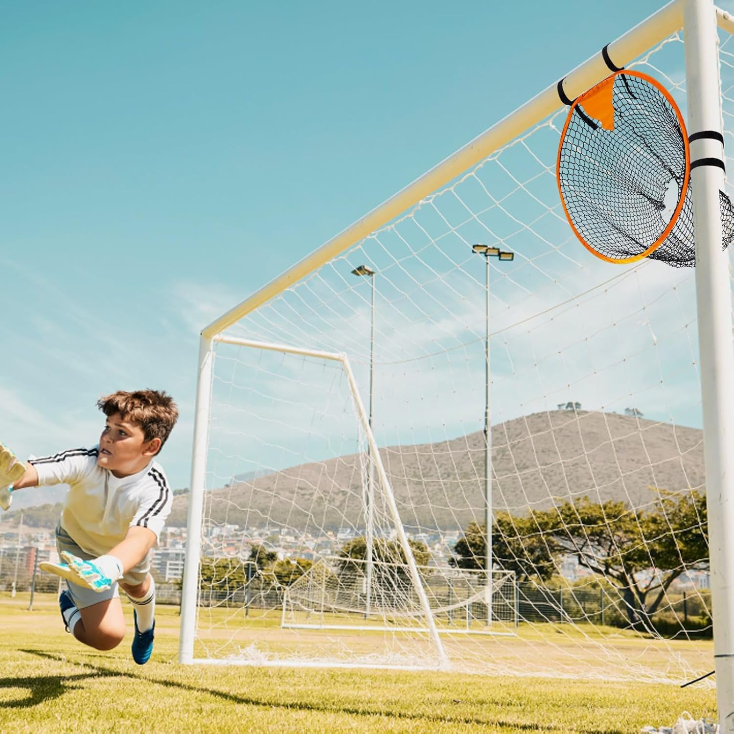 3 Pcs Football Goal Target Bag, Soccer Training Net Corner Soccer Train Goal Easy to Attach and Detach, Buckle - Adjustable Rope Strap, Bullseye for Precise Training（Blue, Orange, Yellow image number 6