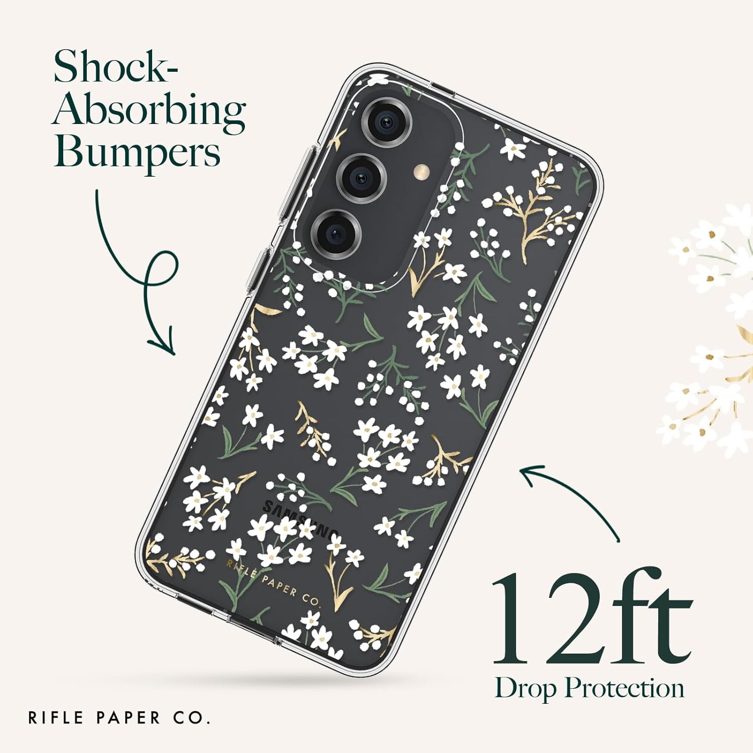 Rifle Paper Co. Samsung Galaxy S24 Case for Women [6.2"] [12Ft Drop Protection] [Wireless Charging] Floral Print Phone Case for Samsung Galaxy S24 - Anti-Scratch, Shockproof Materials - Petite Fleurs - Floral Gems image number 3